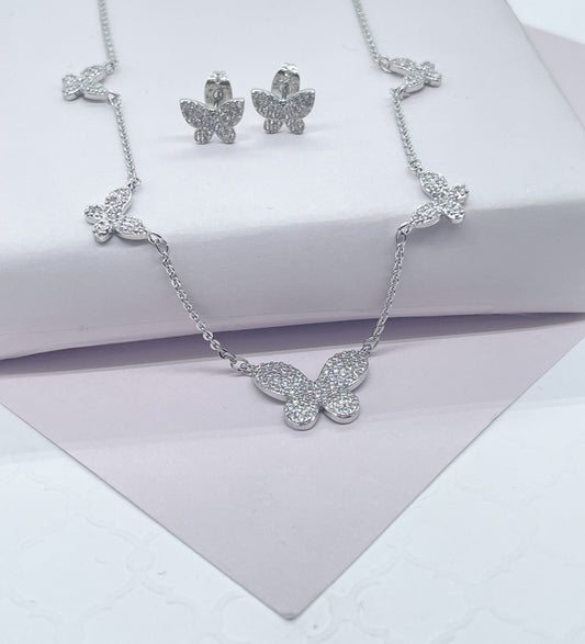 18k Gold Filled Micro Pave Butterfly Set With Earrings & Necklace