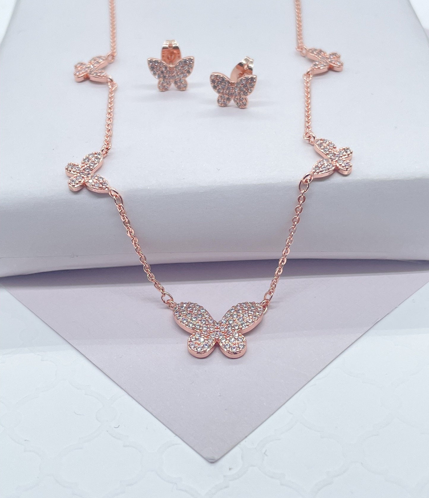 18k Gold Filled Micro Pave Butterfly Set With Earrings & Necklace