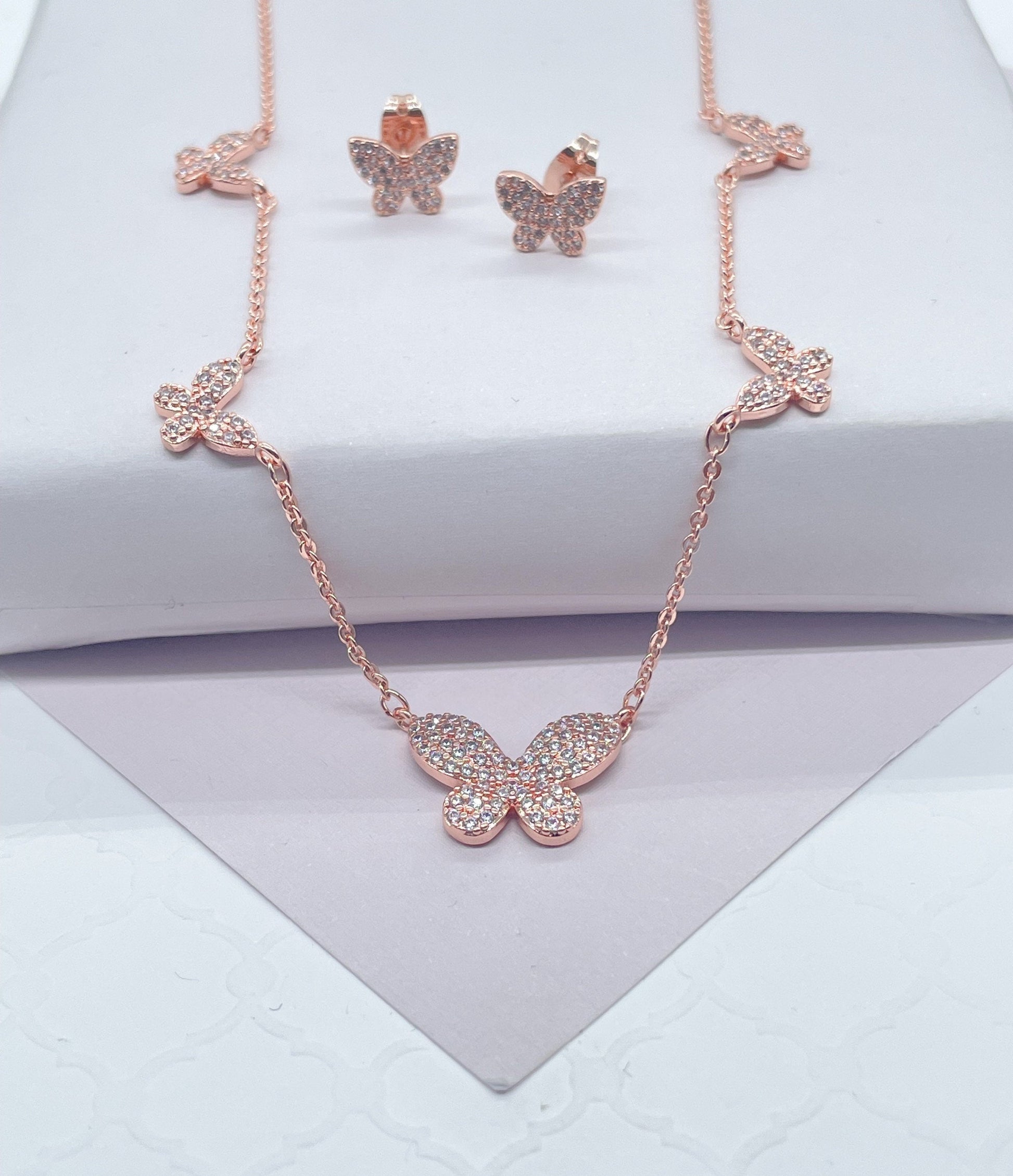 18k Gold Filled Micro Pave Butterfly Set With Earrings & Necklace