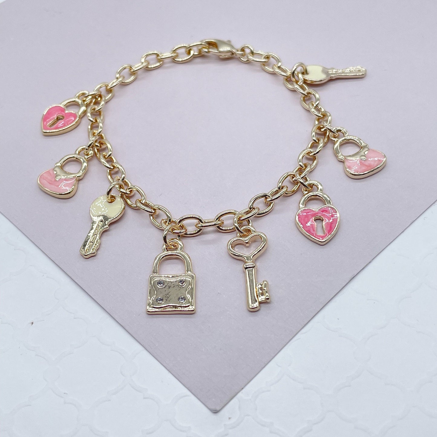 18k Gold Filled Pink Charm Bracelet With Heart & Keys Wholesale Jewelry