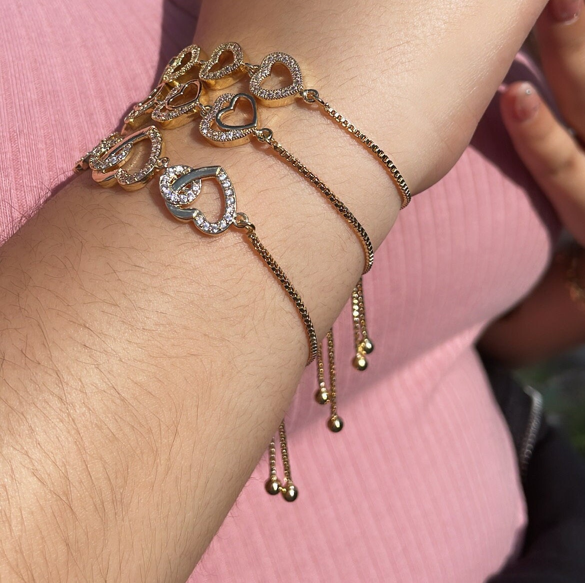 18k Gold Filled Adjustable Micro Pave Cubic Zirconia Heart Bracelet Wholesale Jewelry Supplier