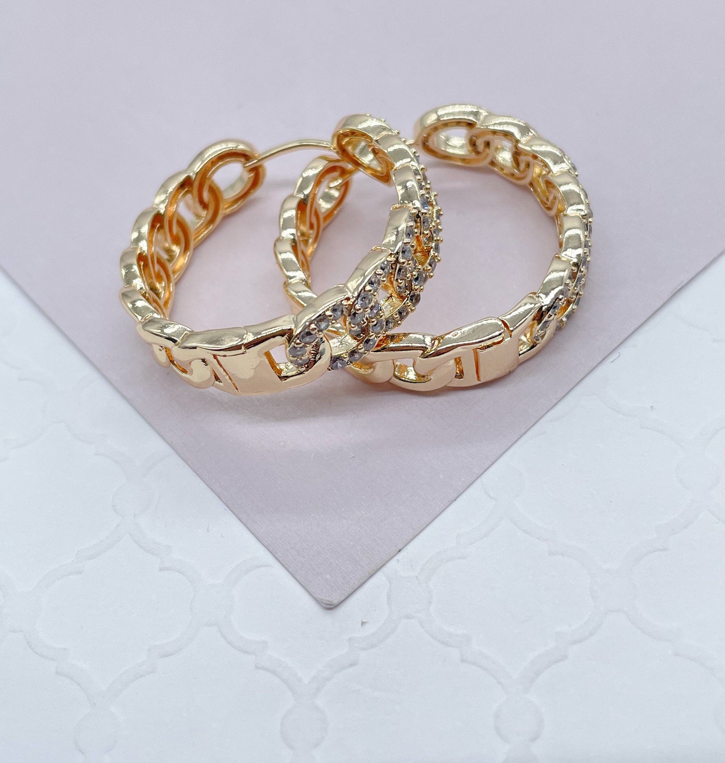 18k Gold Filled Pave Link Hoop Earrings Wholesale Jewelry Making Supplies