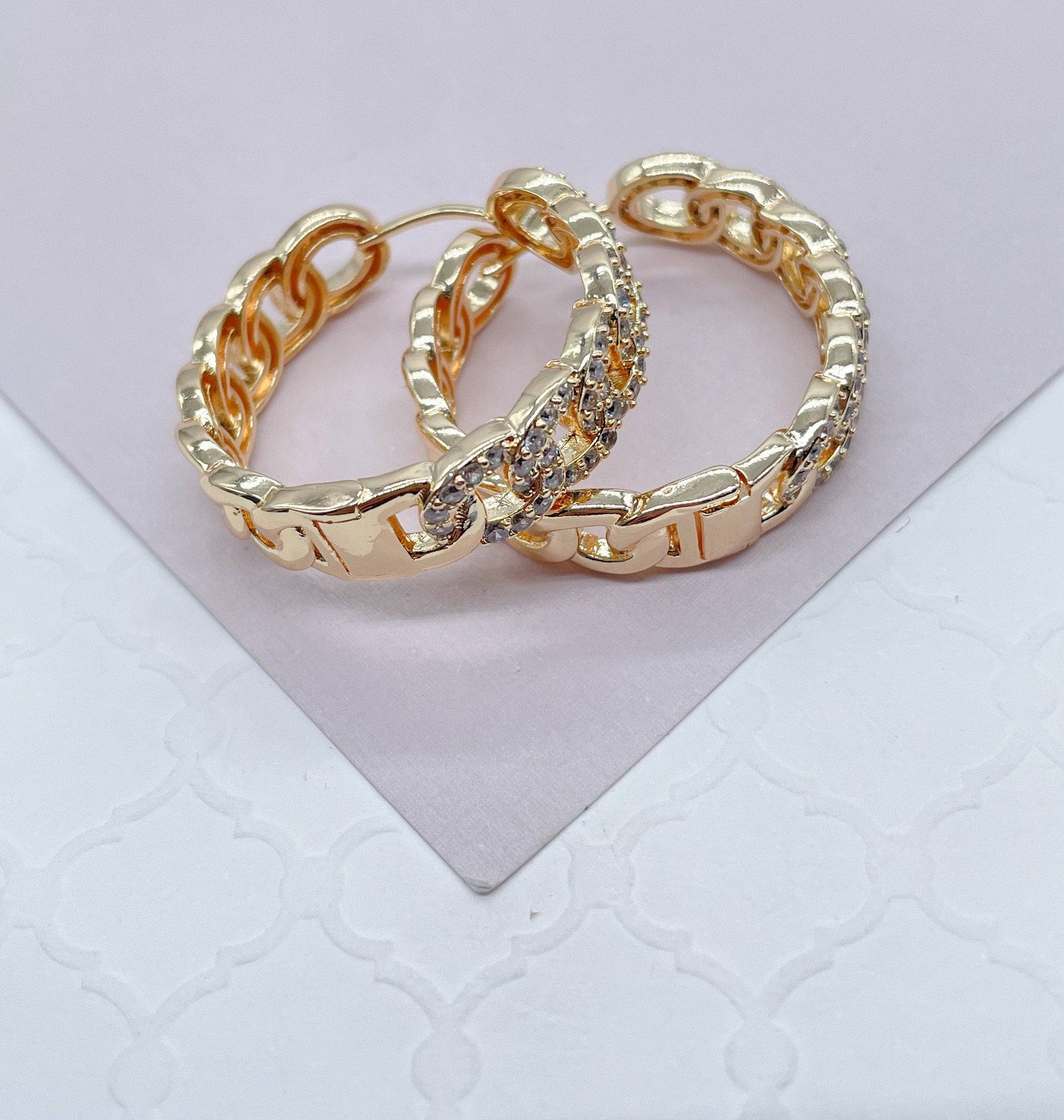 18k Gold Filled Pave Link Hoop Earrings Wholesale Jewelry Making Supplies