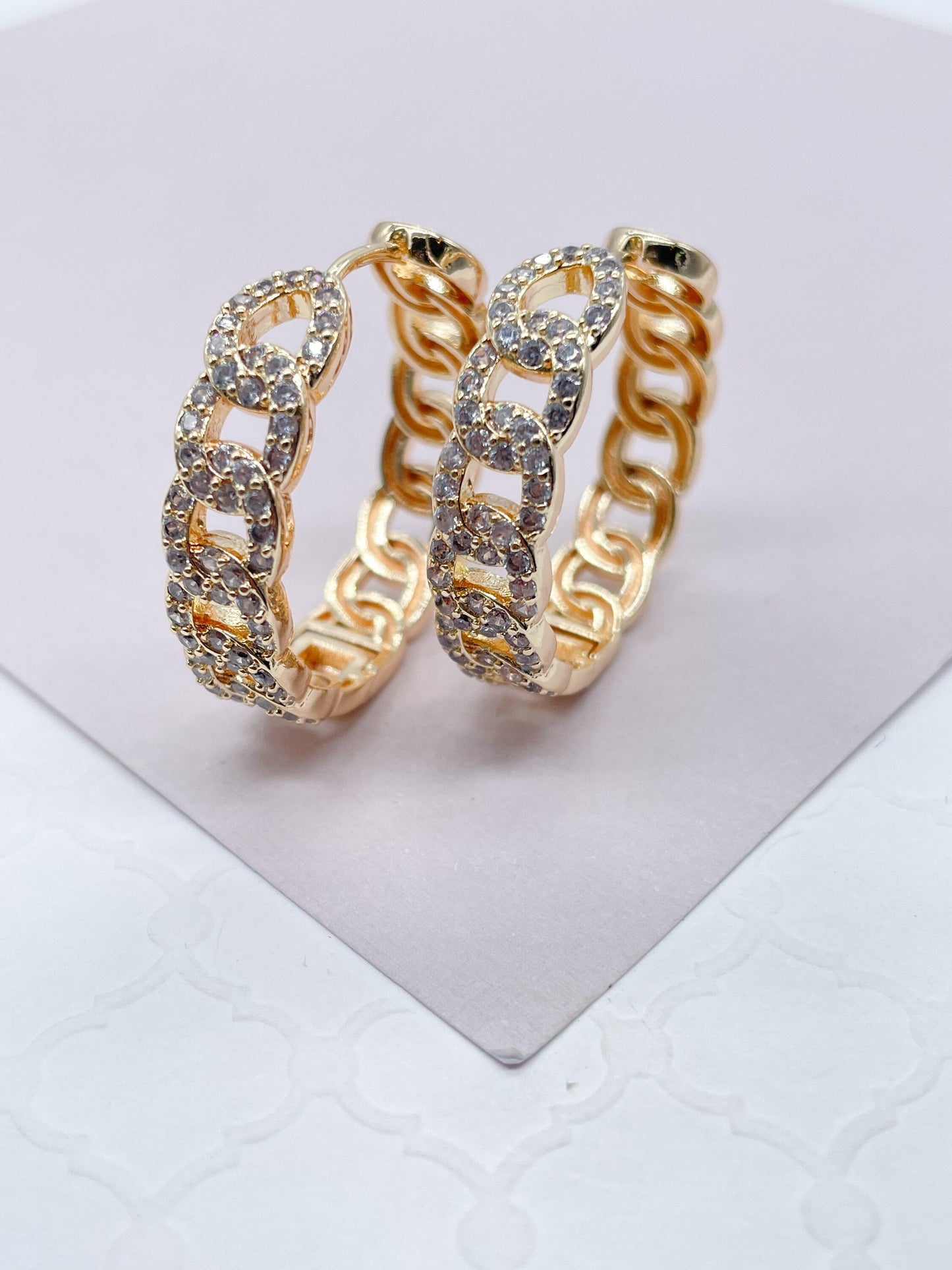 18k Gold Filled Pave Link Hoop Earrings Wholesale Jewelry Making Supplies