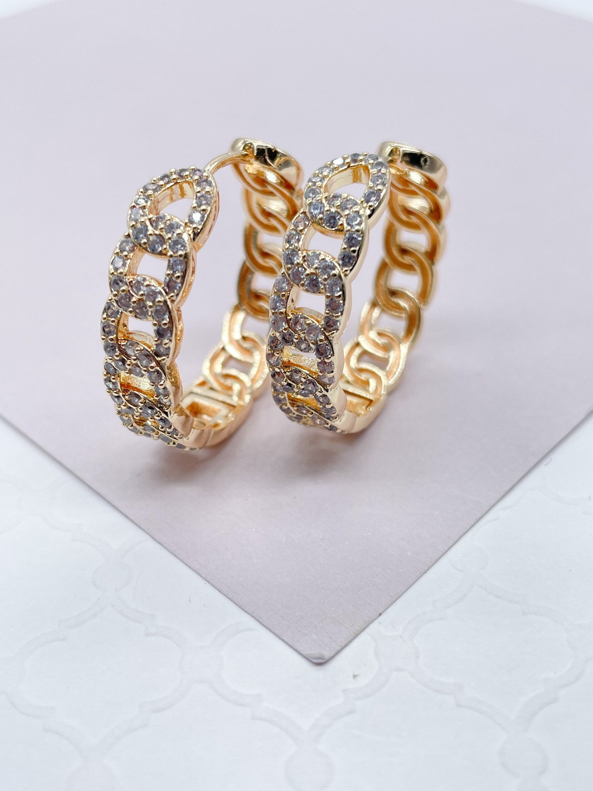 18k Gold Filled Pave Link Hoop Earrings Wholesale Jewelry Making Supplies
