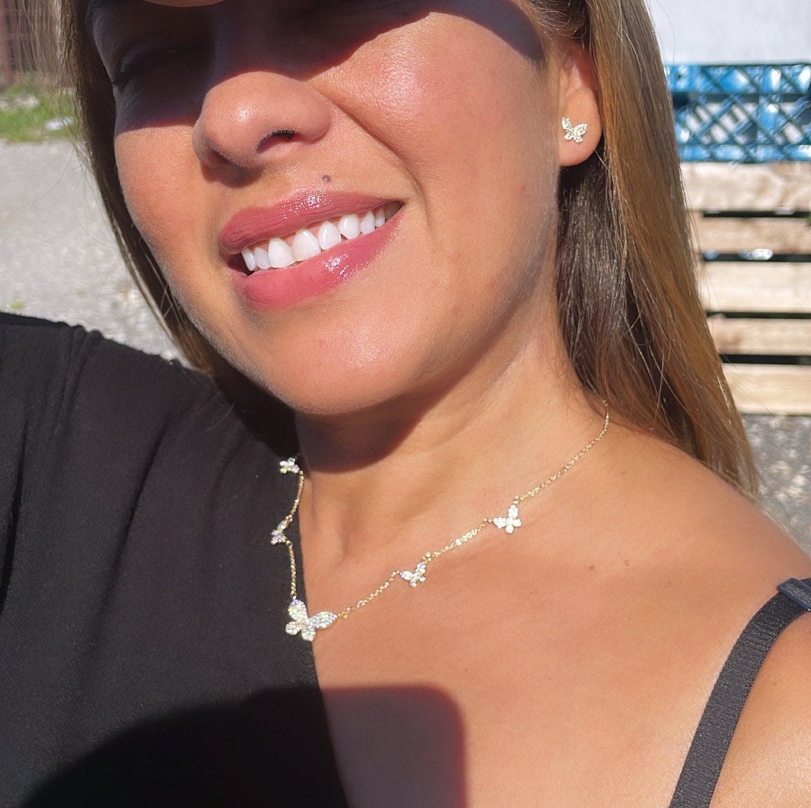 18k Gold Filled Micro Pave Butterfly Set With Earrings & Necklace