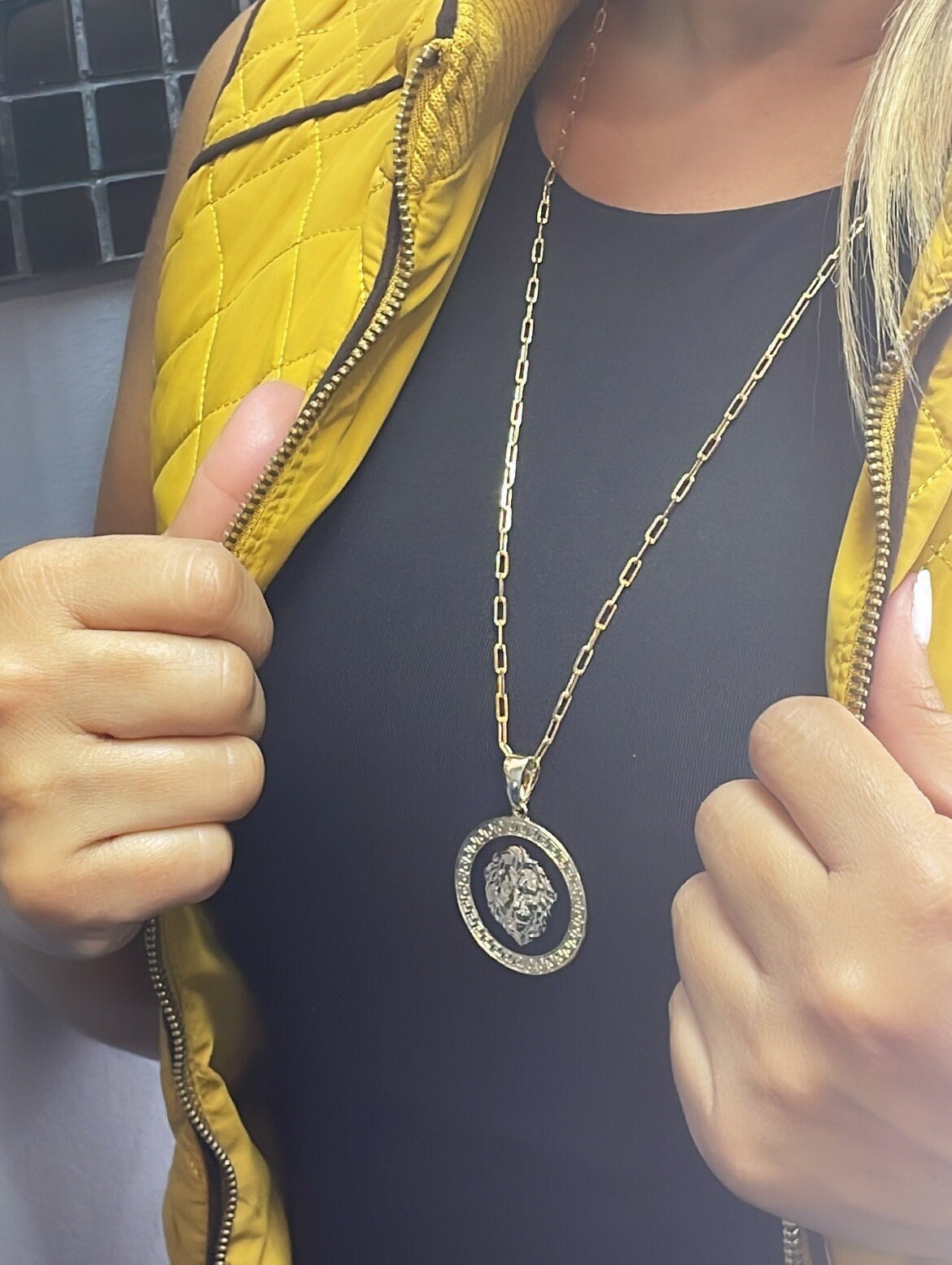 18k Gold Filled Greek Pattern Engraved Circle Pendant Featuring Lions Head and Black Enamel Plate