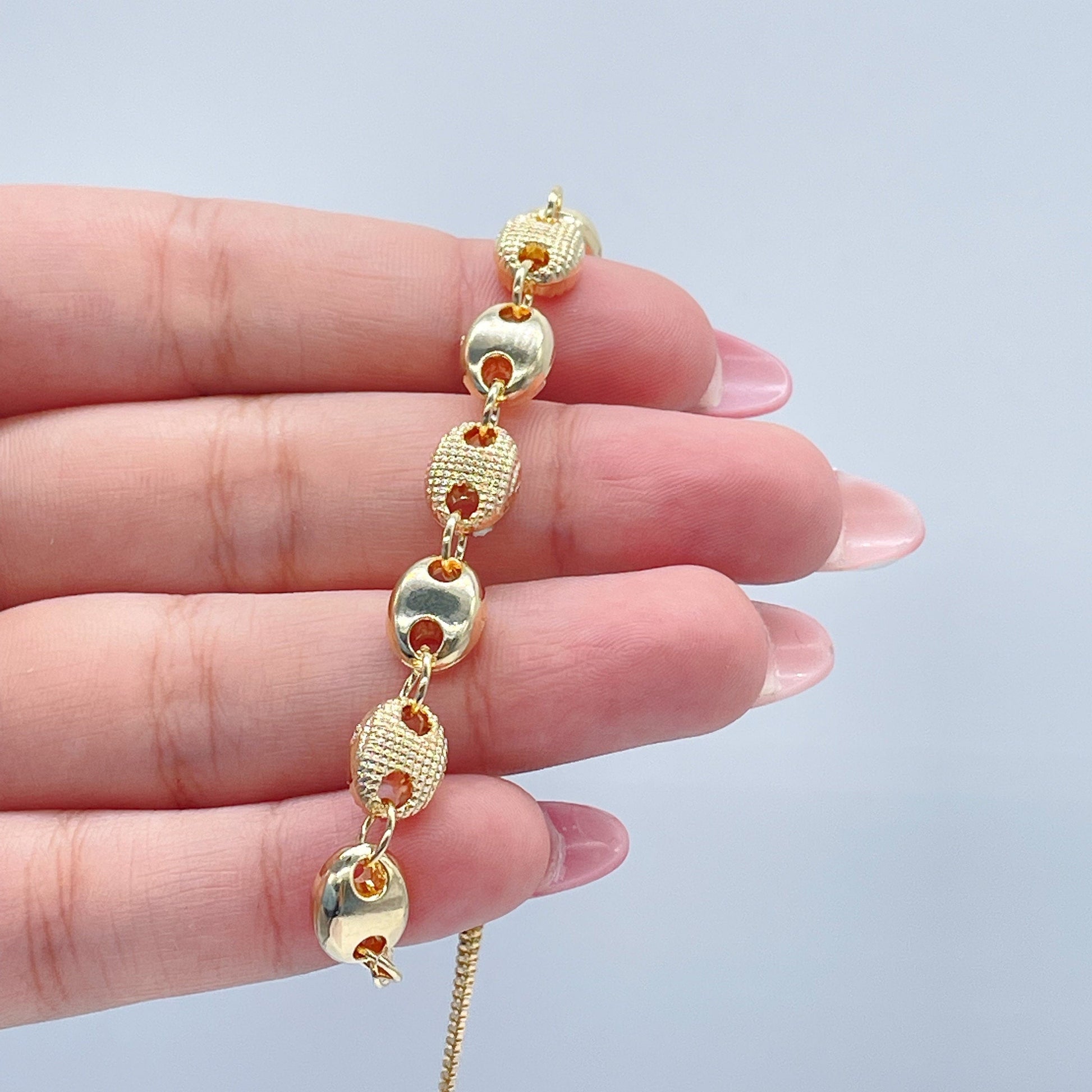 18k Goldfilled Puffy Mariner Patterned With Rough & Smooth Links