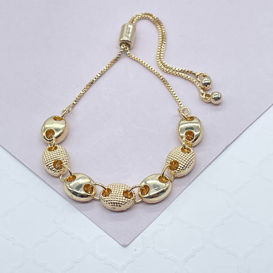 18k Goldfilled Puffy Mariner Patterned With Rough & Smooth Links