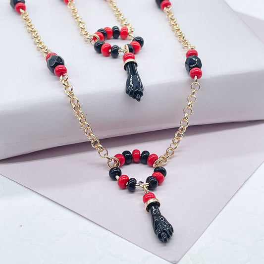 18k Gold Filled Azabache Hand Set With Red and Black Beads