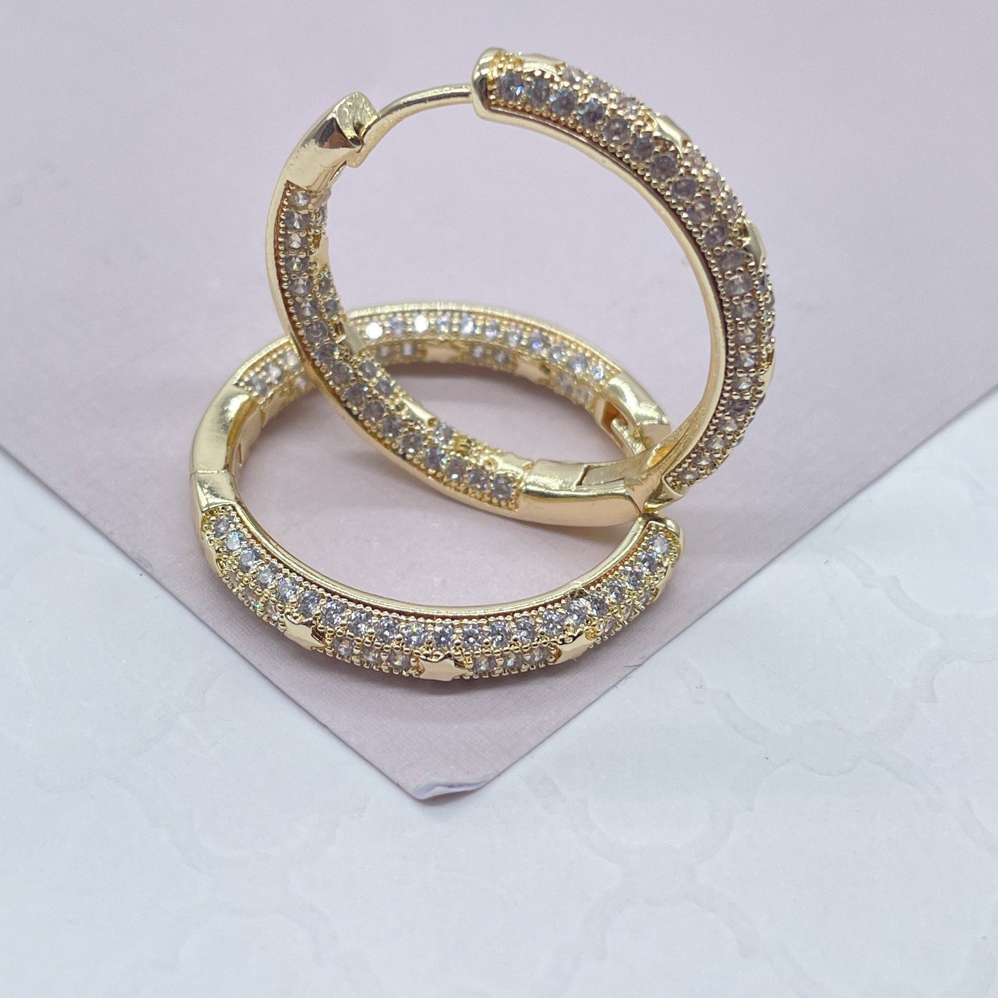 Gorgeous 18k Gold Filled Medium Size Micro Pavê Zirconia Clicker Star Hoop Earrings with craved stones inside and out