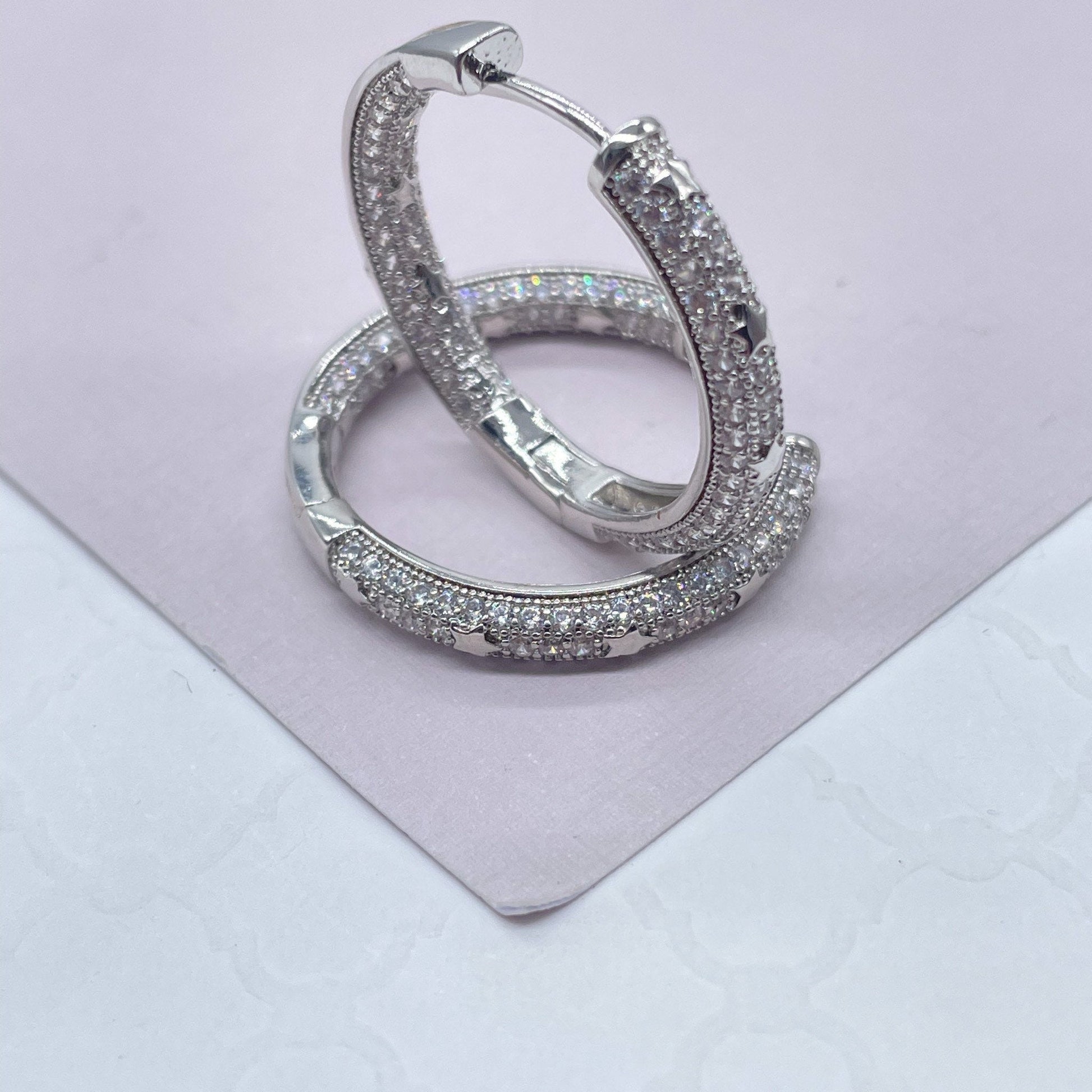 Gorgeous 18k Gold Filled Medium Size Micro Pavê Zirconia Clicker Star Hoop Earrings with craved stones inside and out