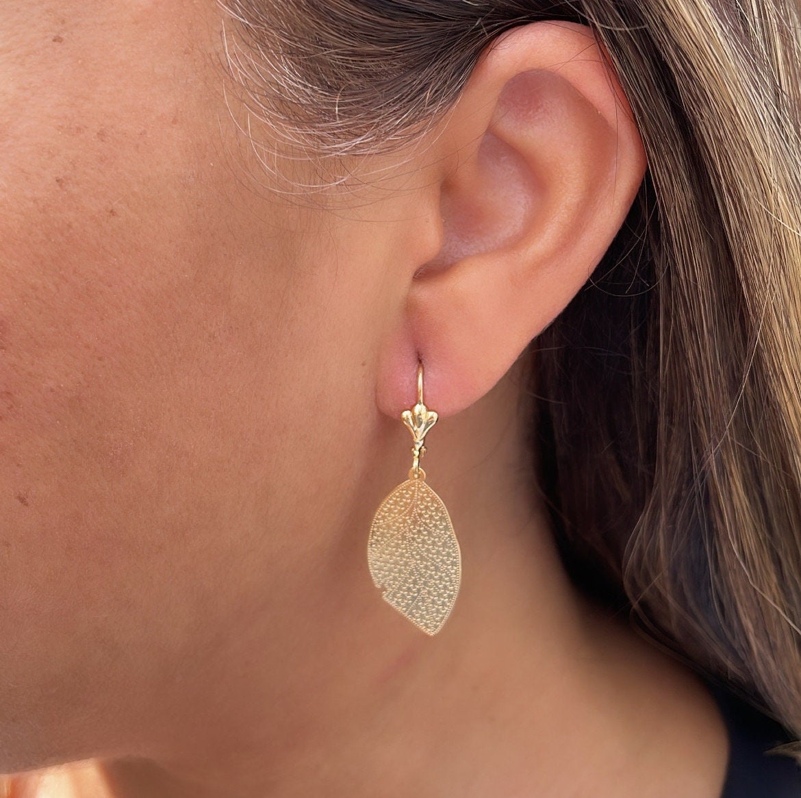 18k Gold Filled Flat Leaf Dangling Earrings