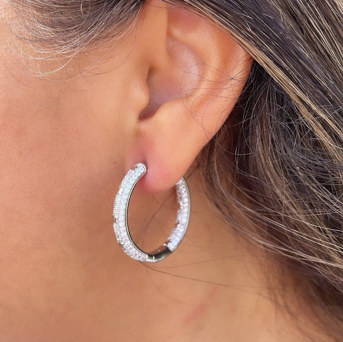 Gorgeous 18k Gold Filled Medium Size Micro Pavê Zirconia Clicker Star Hoop Earrings with craved stones inside and out