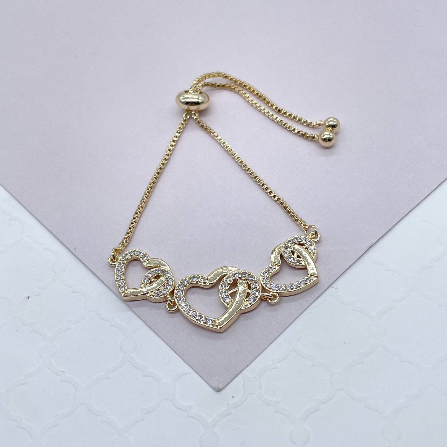 18k Gold Filled Adjustable Micro Pave Cubic Zirconia Heart Bracelet Wholesale Jewelry Supplier