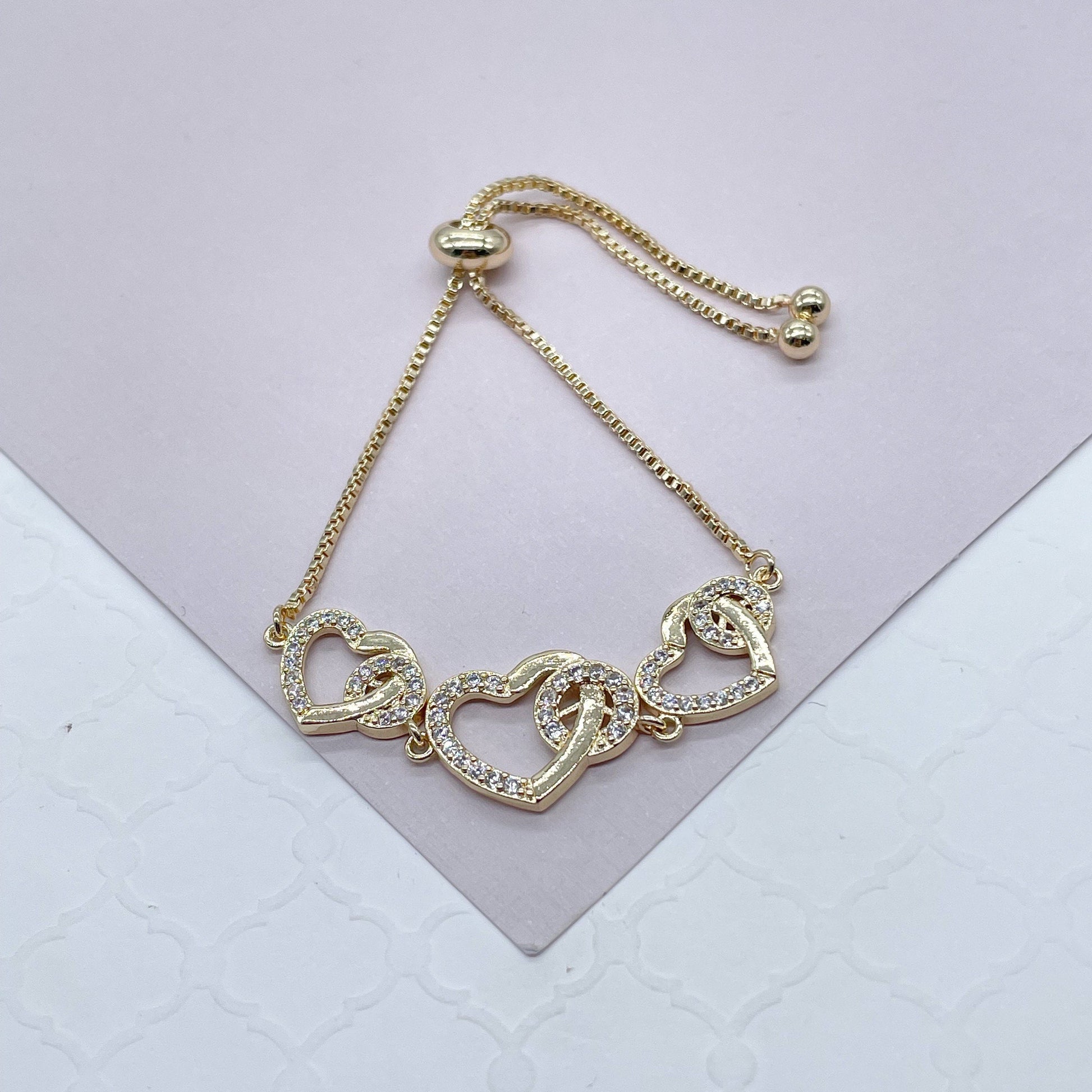 18k Gold Filled Adjustable Micro Pave Cubic Zirconia Heart Bracelet Wholesale Jewelry Supplier