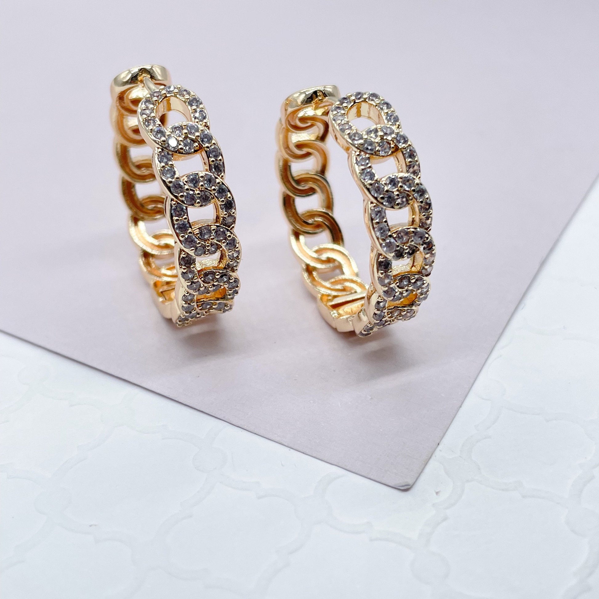 18k Gold Filled Pave Link Hoop Earrings Wholesale Jewelry Making Supplies