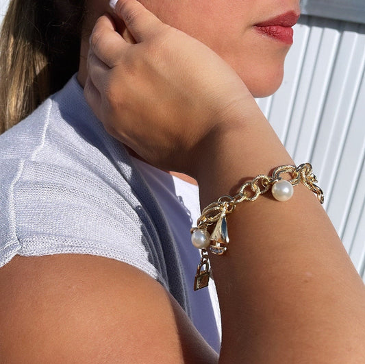 18k Hold Filled Sea Life Charm Bracelet, With Pearl Charms and Sailing Boats