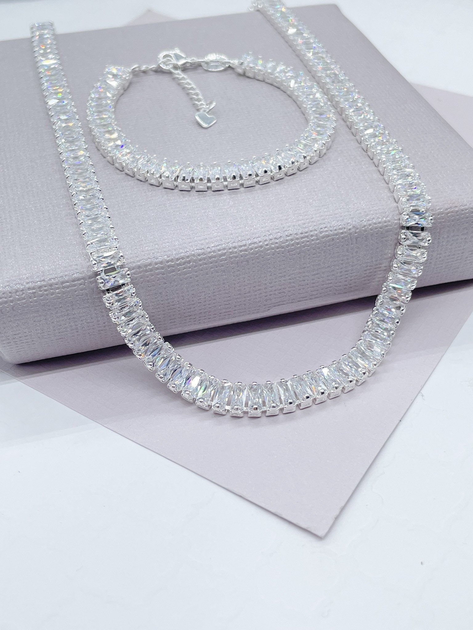 18k Gold Filled Silver Baguette Zircon Set