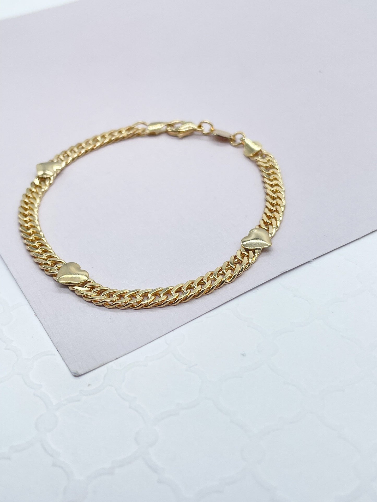 18k Gold Filled Cuban Chain Link Bracelets With Hearts Engraved To It