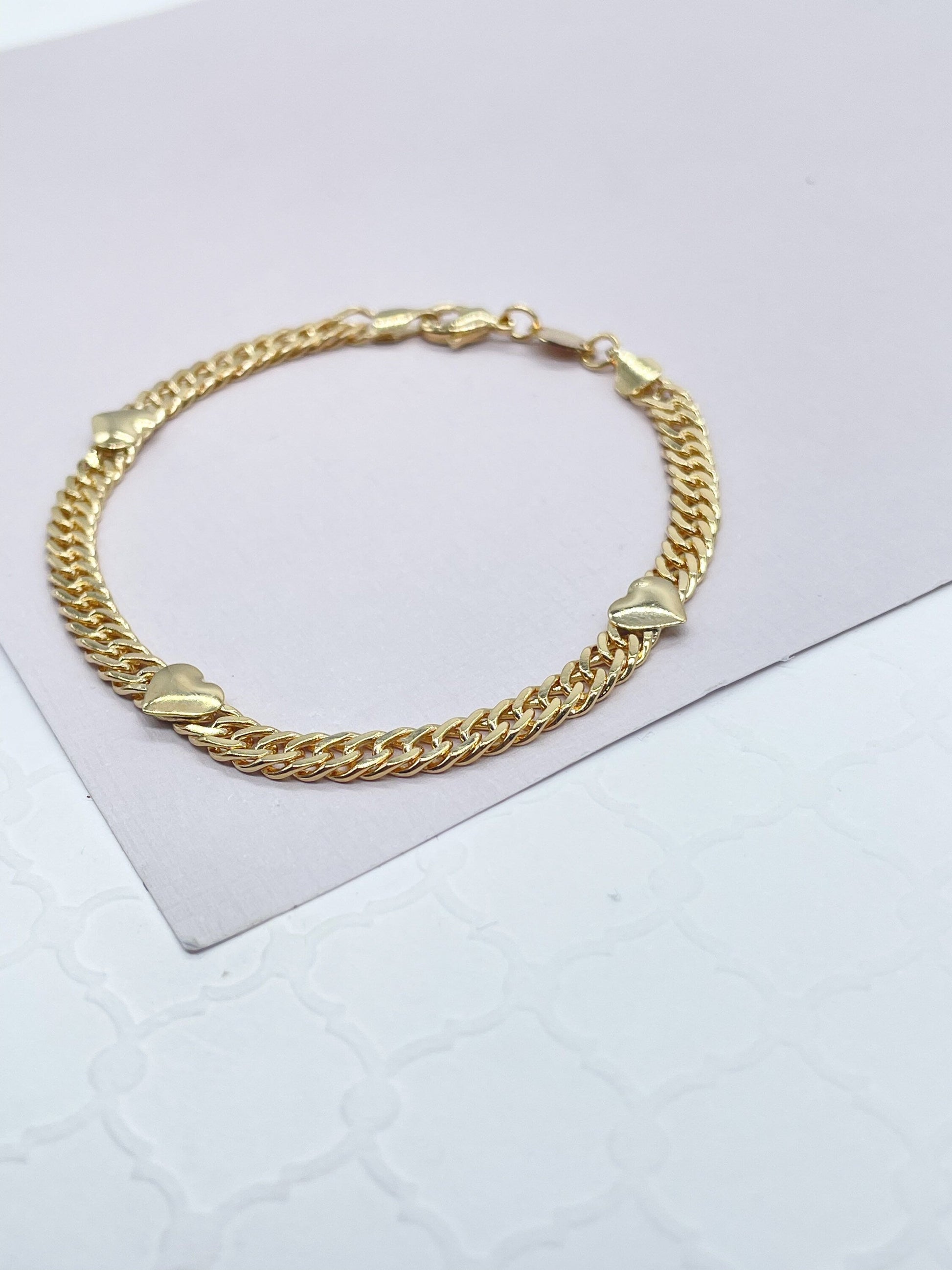 18k Gold Filled Cuban Chain Link Bracelets With Hearts Engraved To It