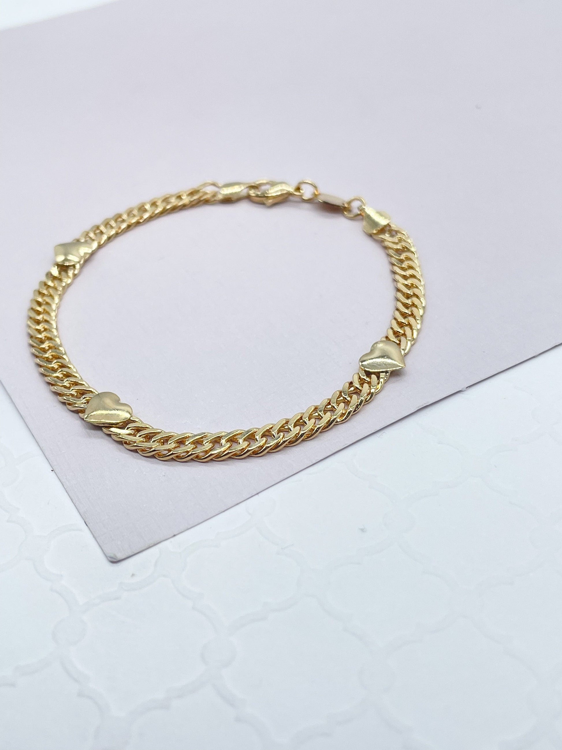 18k Gold Filled Cuban Chain Link Bracelets With Hearts Engraved To It