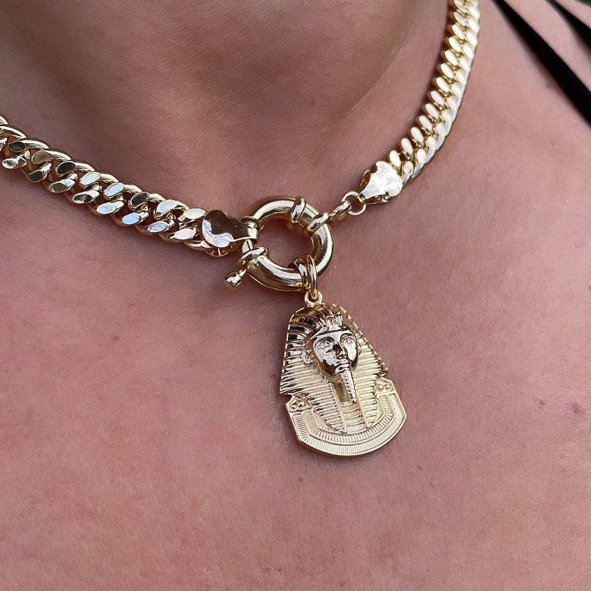 18k Gold Filled Thick Choker Cuban Link with Pharaoh Charm attached to Large Toggle