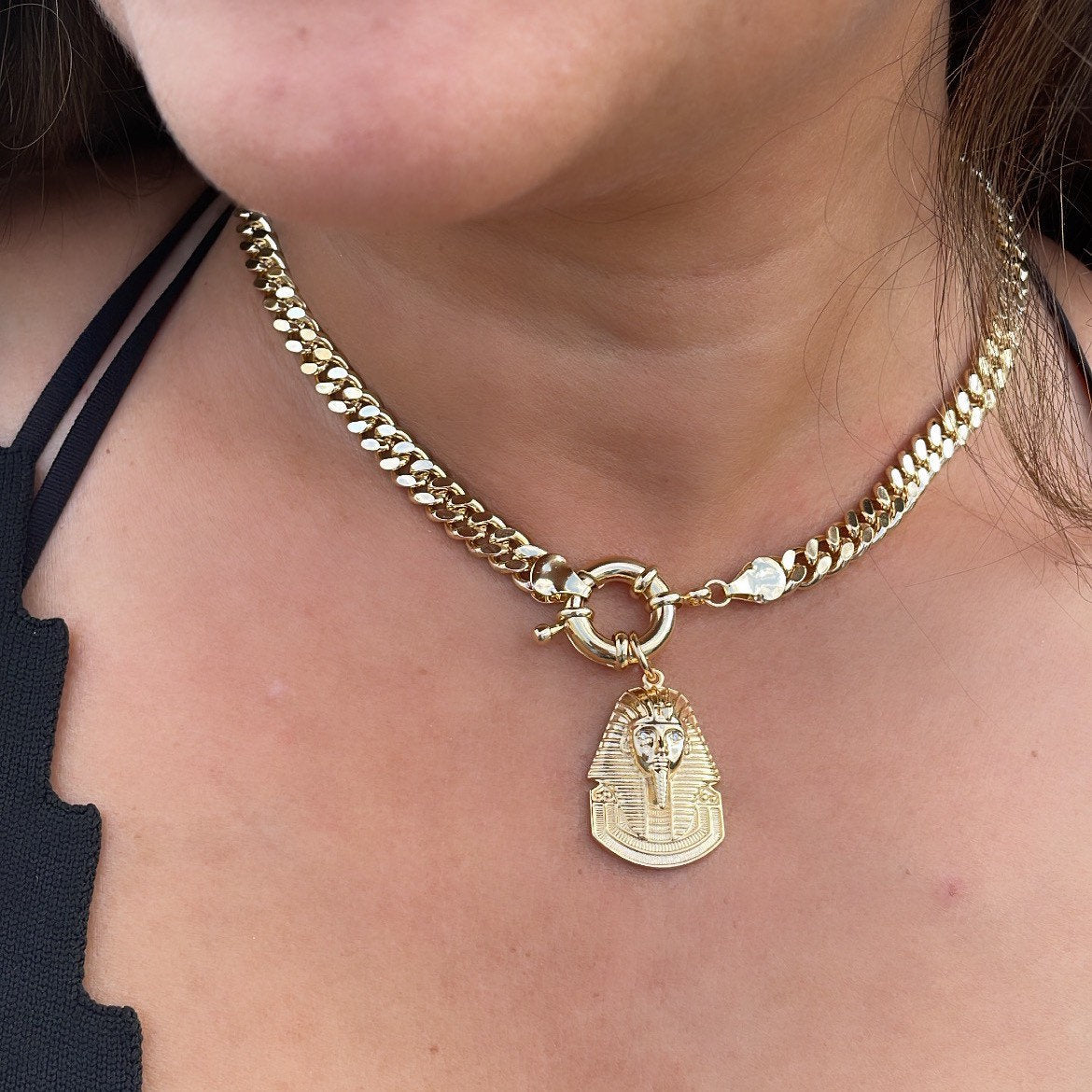 18k Gold Filled Thick Choker Cuban Link with Pharaoh Charm attached to Large Toggle