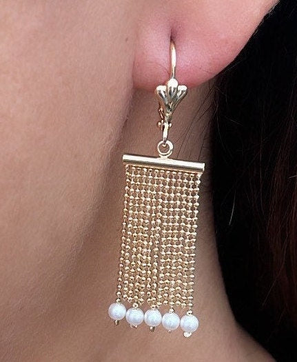 18k Gold Filled Dangling Earrings With Dangling Pearls