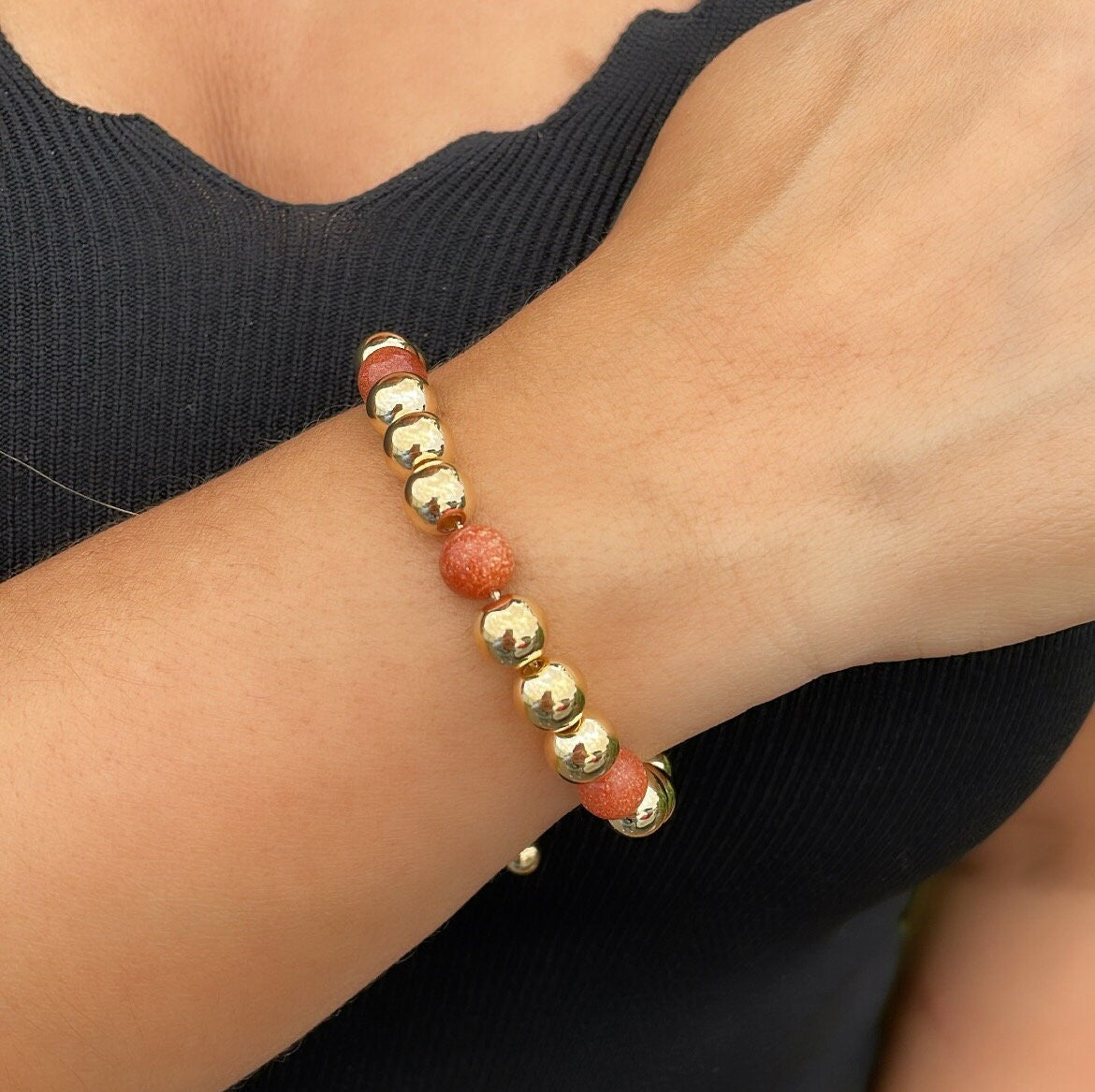 18k Gold Filled Venturina and Gold Beads Adjustable Bracelet