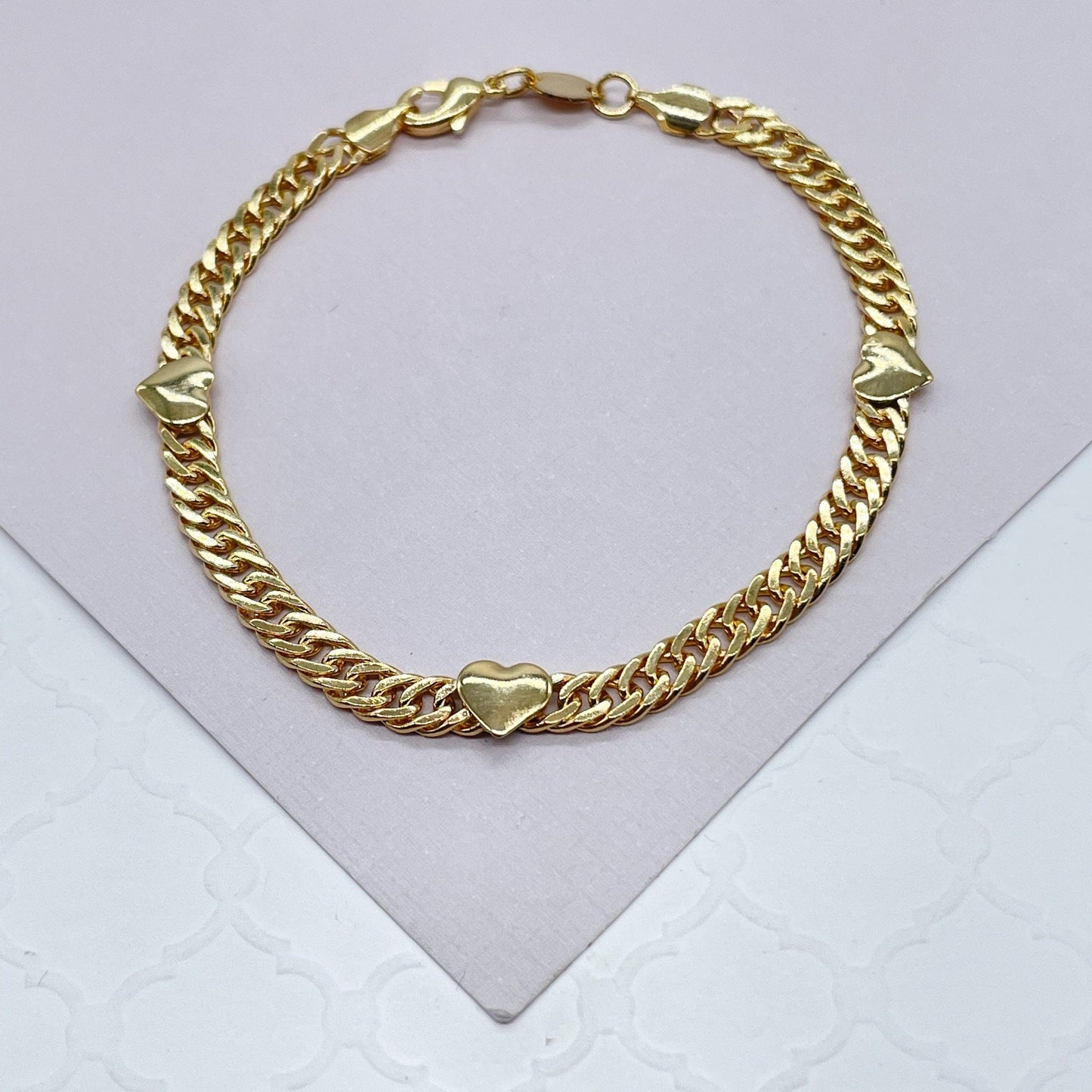 18k Gold Filled Cuban Chain Link Bracelets With Hearts Engraved To It