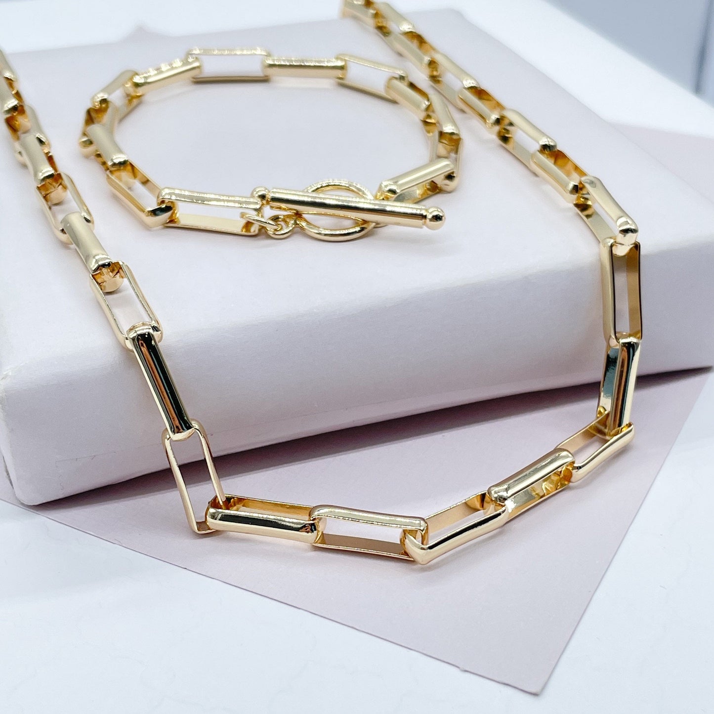 18k Gold Filled Smooth Long Paper Clip Set With Toggle Enclosure