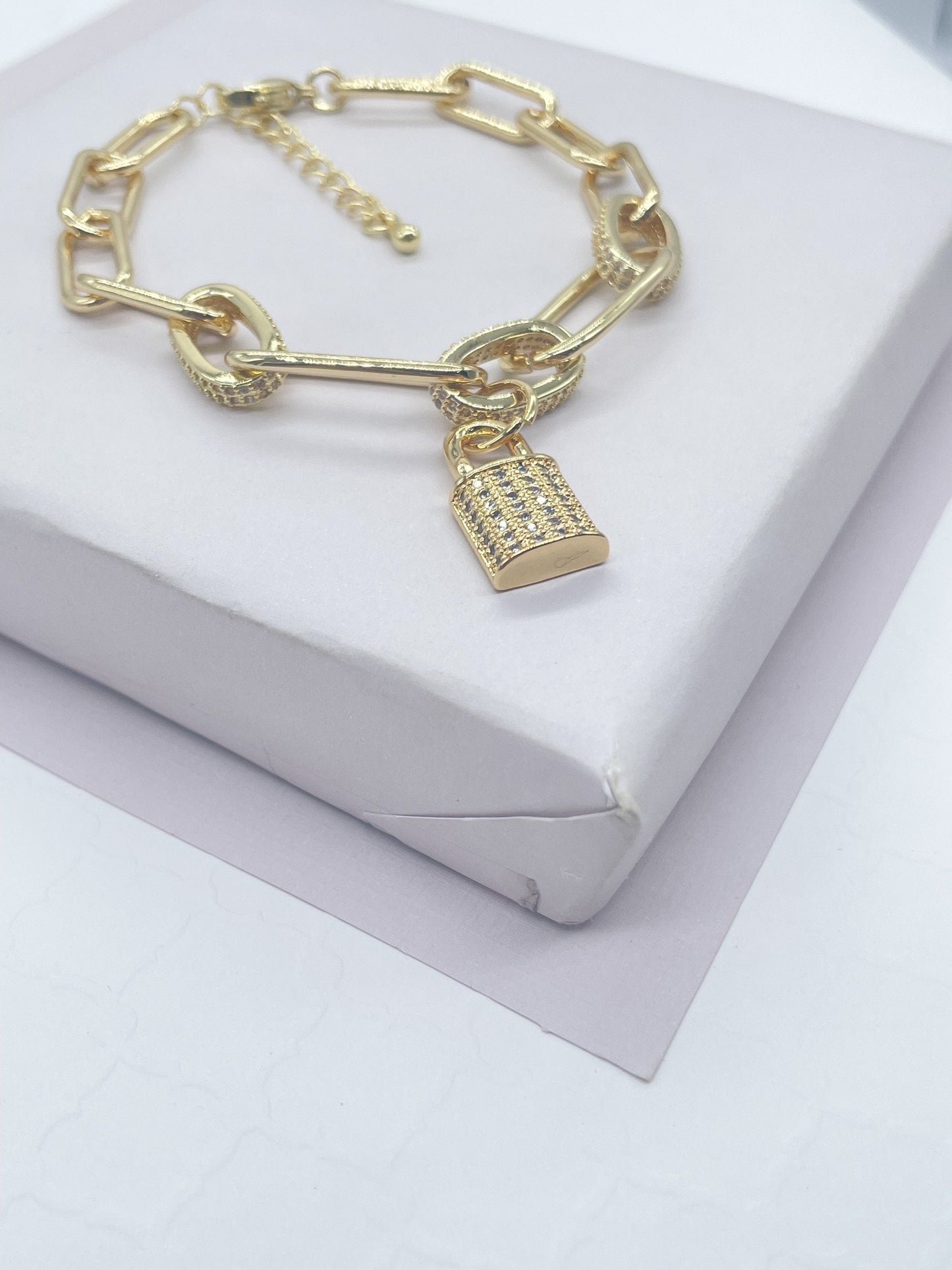 18k Gold Filled Single Lock Charm Bracelet | Wholesale Jewelry Supplies | Chunky Bracelet | Cubic Zirconia Bracelet Gold