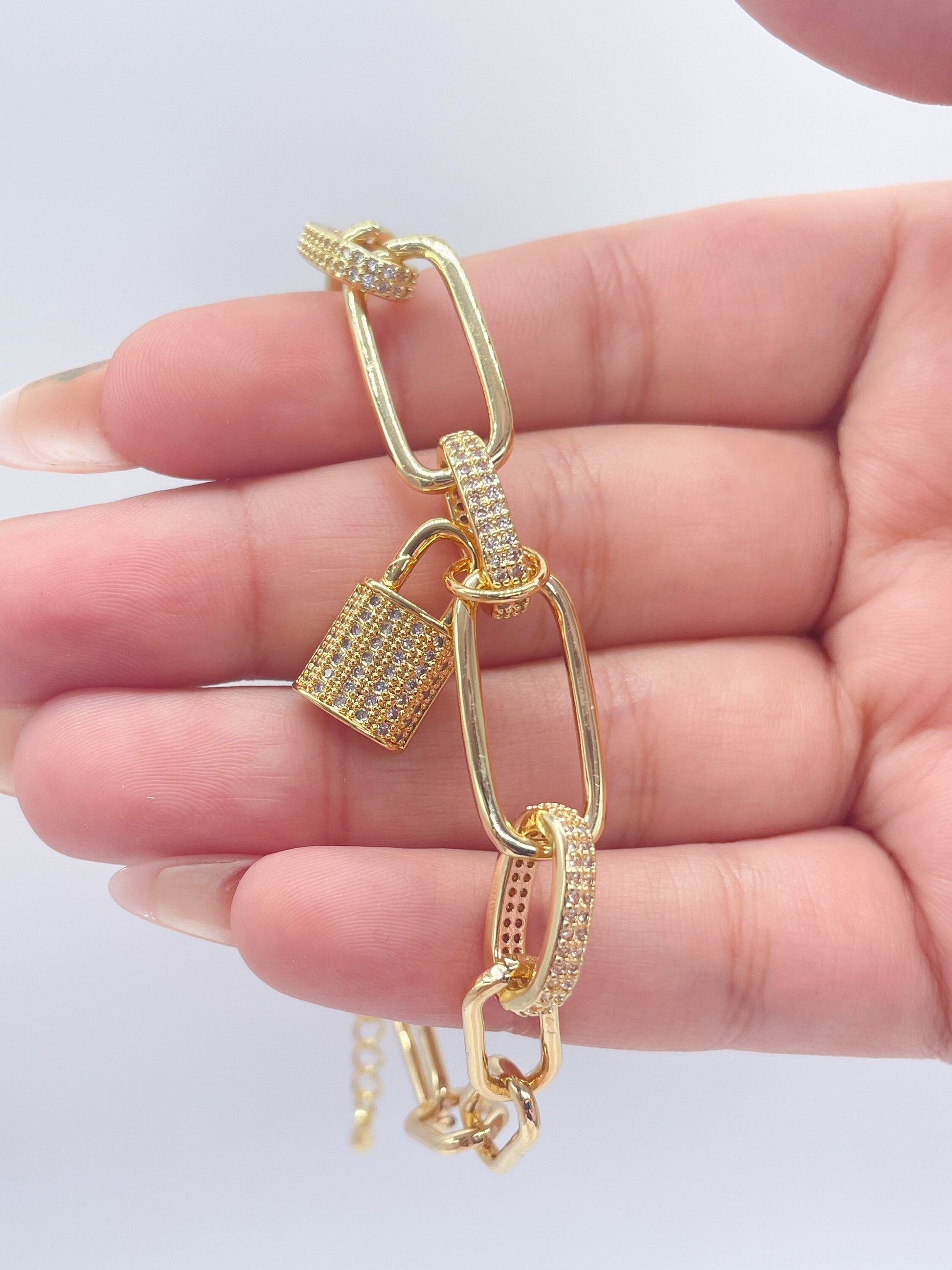 18k Gold Filled Single Lock Charm Bracelet | Wholesale Jewelry Supplies | Chunky Bracelet | Cubic Zirconia Bracelet Gold