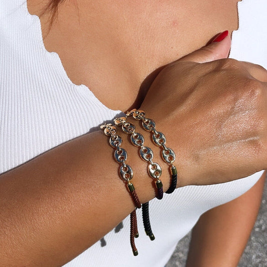 18k Gold Filled Twisted Fabric Bracelet With Mariner Chain in The Center in Winter Colors