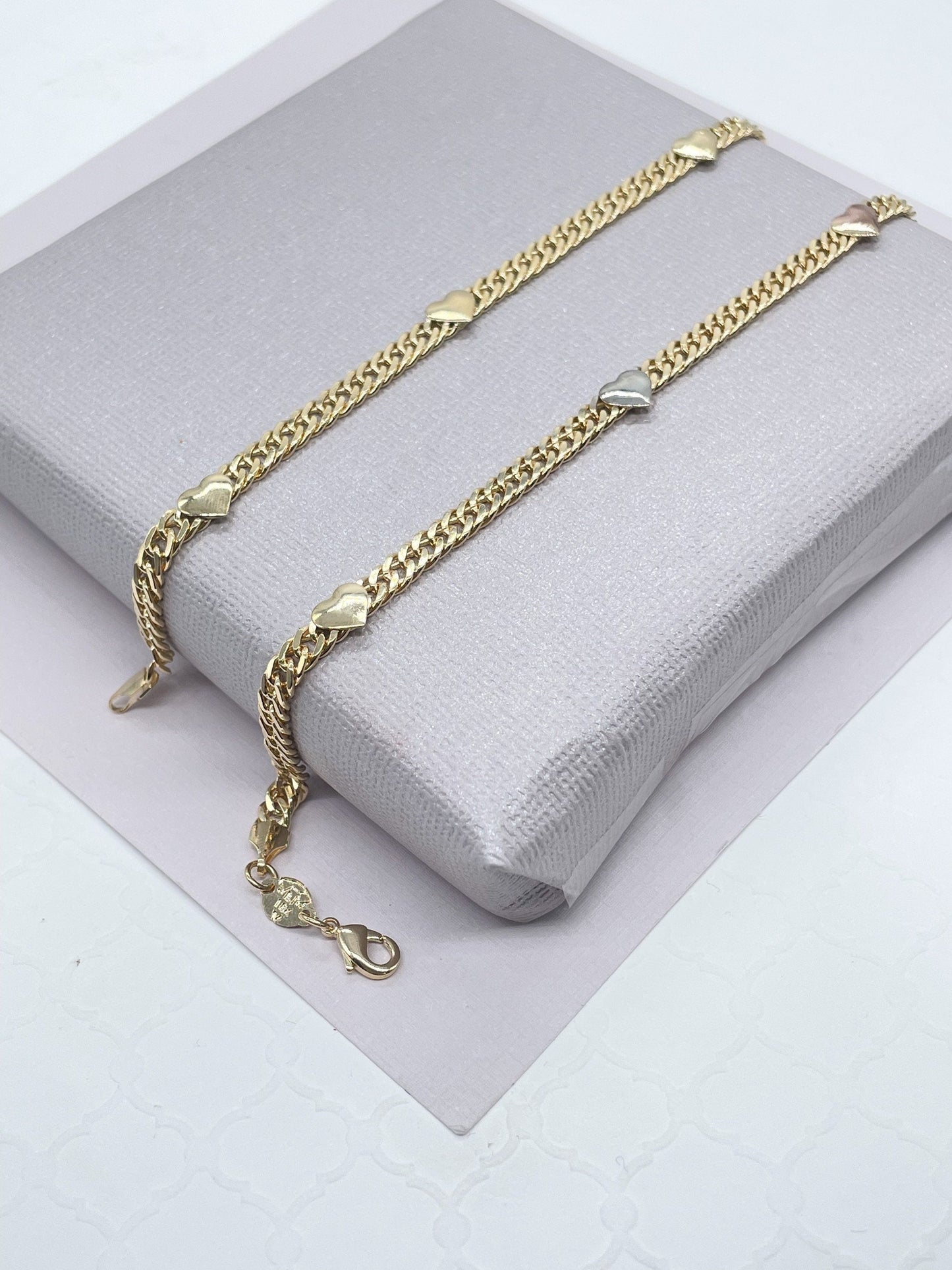 18k Gold Filled Cuban Chain Link Bracelets With Hearts Engraved To It