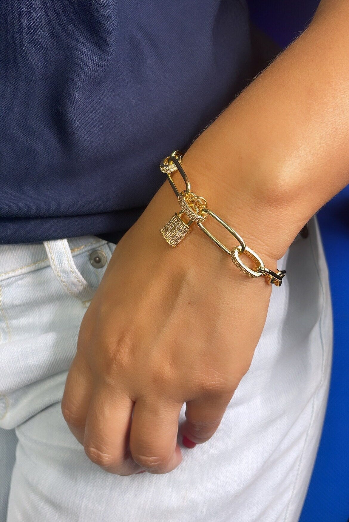 18k Gold Filled Single Lock Charm Bracelet | Wholesale Jewelry Supplies | Chunky Bracelet | Cubic Zirconia Bracelet Gold