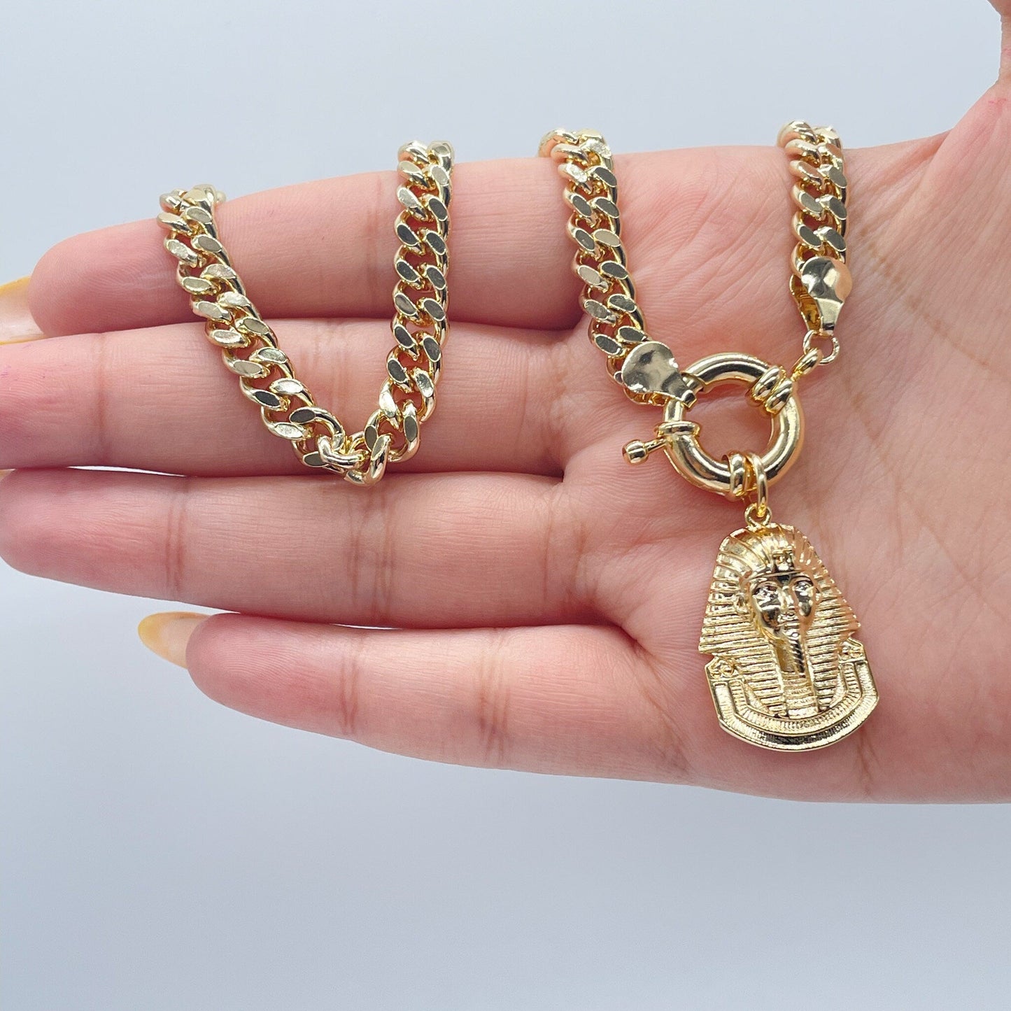 18k Gold Filled Thick Choker Cuban Link with Pharaoh Charm attached to Large Toggle