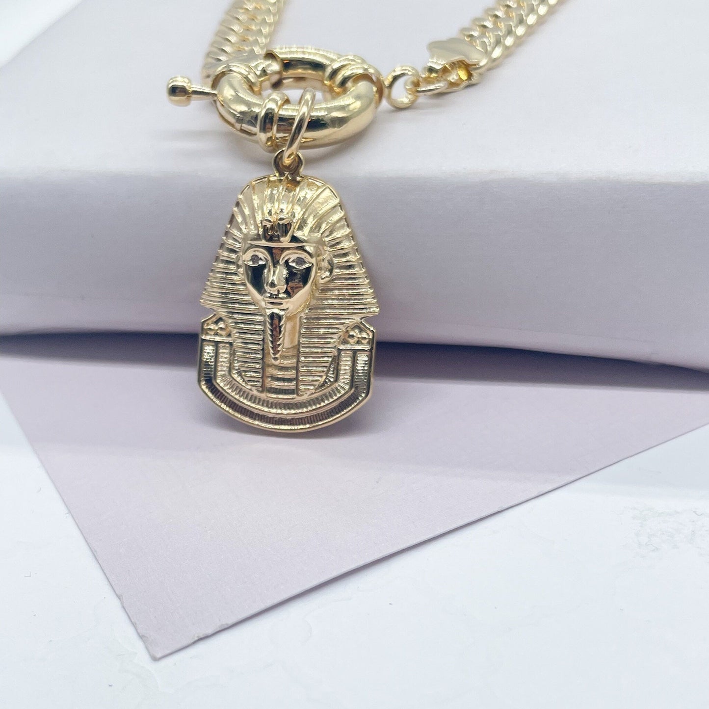 18k Gold Filled Thick Choker Cuban Link with Pharaoh Charm attached to Large Toggle