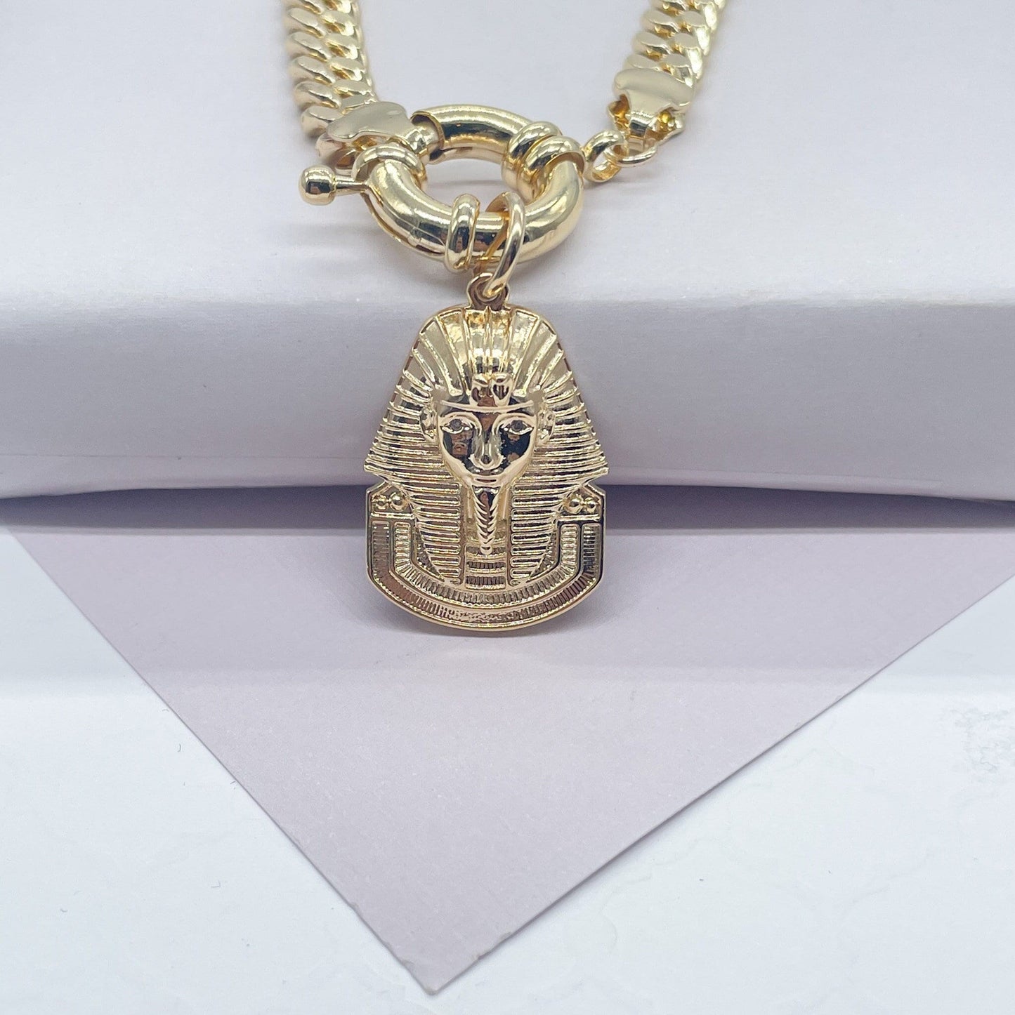 18k Gold Filled Thick Choker Cuban Link with Pharaoh Charm attached to Large Toggle