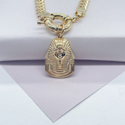 18k Gold Filled Thick Choker Cuban Link with Pharaoh Charm attached to Large Toggle