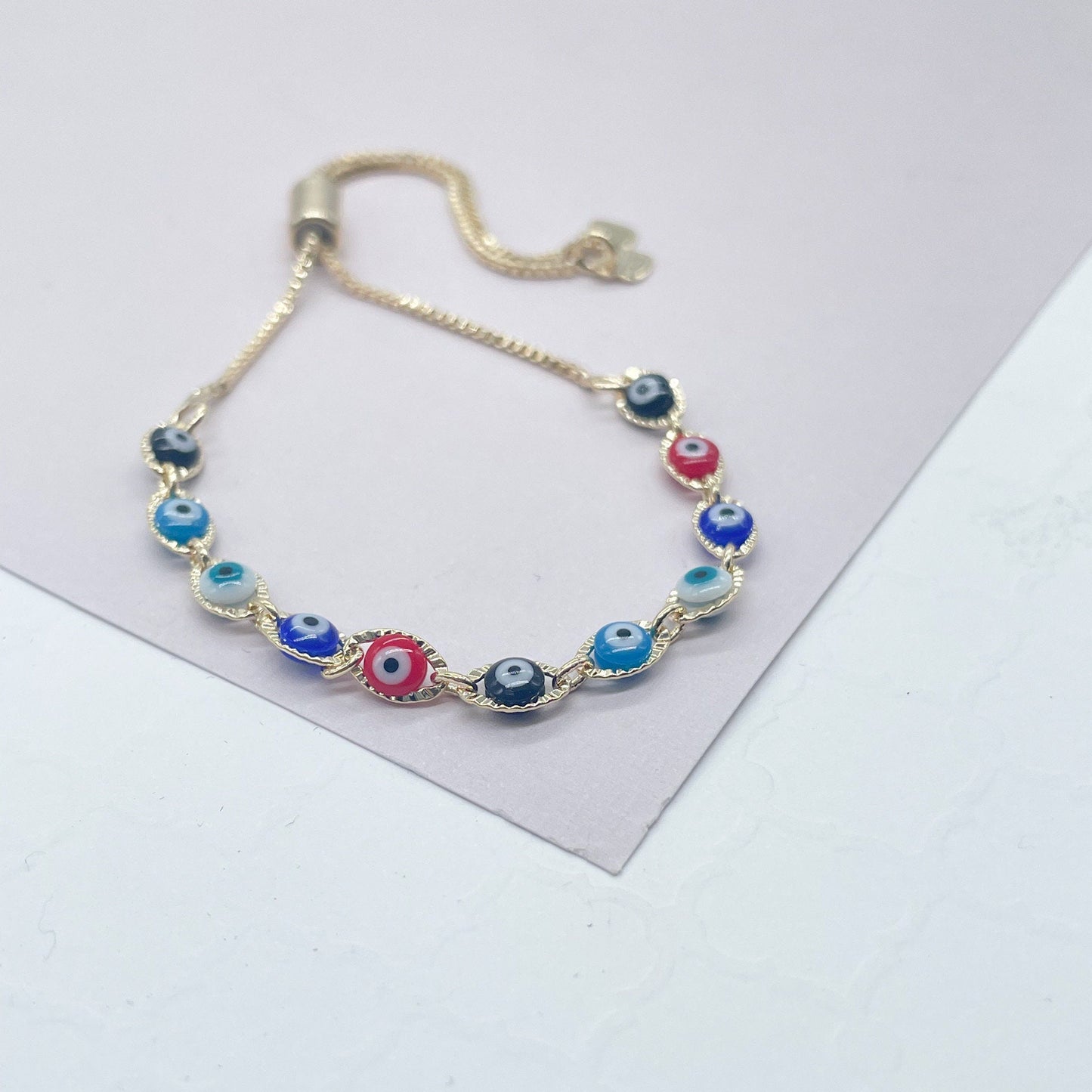 18k Gold Filled Colorful Evil Eye Adjustable Bracelet