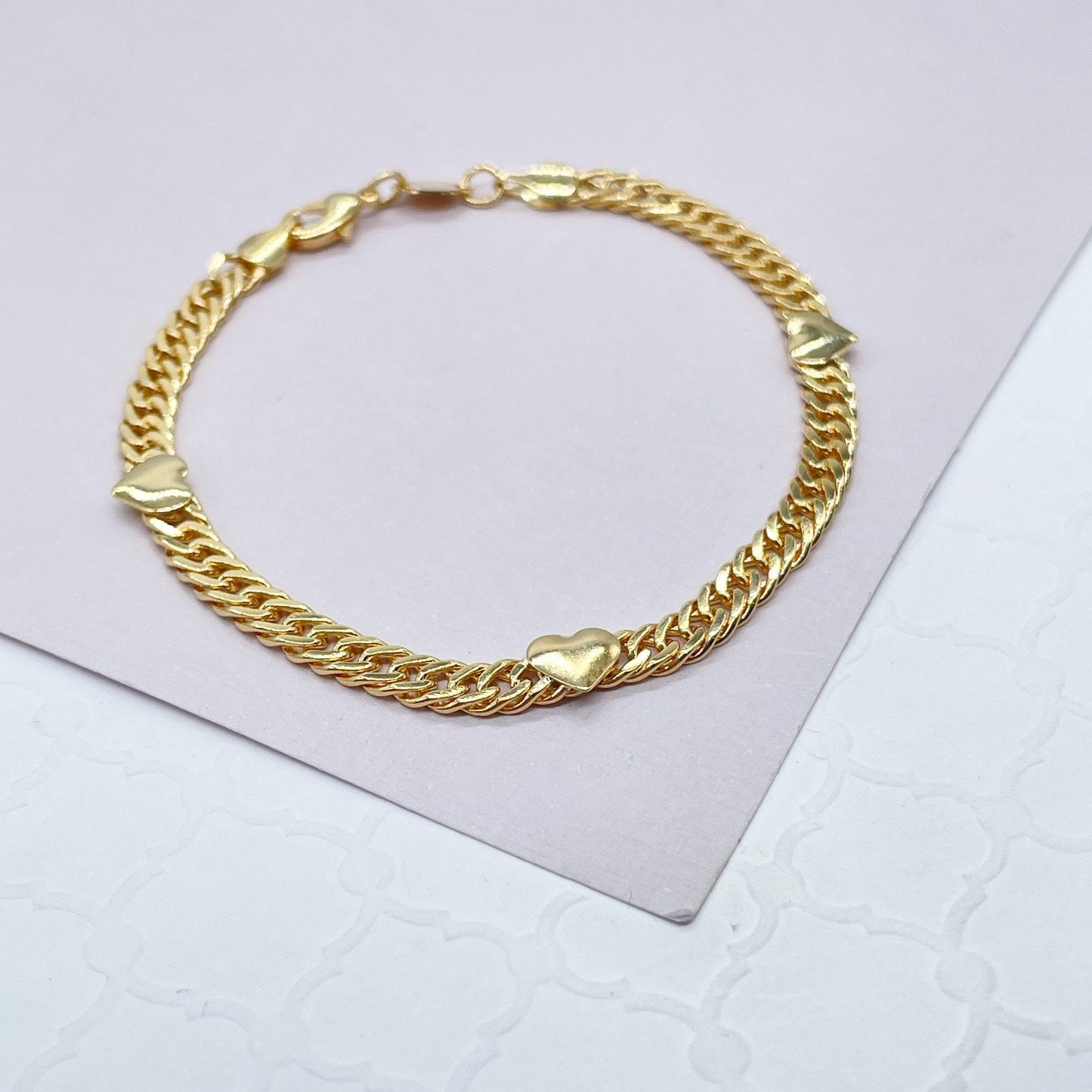 18k Gold Filled Cuban Chain Link Bracelets With Hearts Engraved To It
