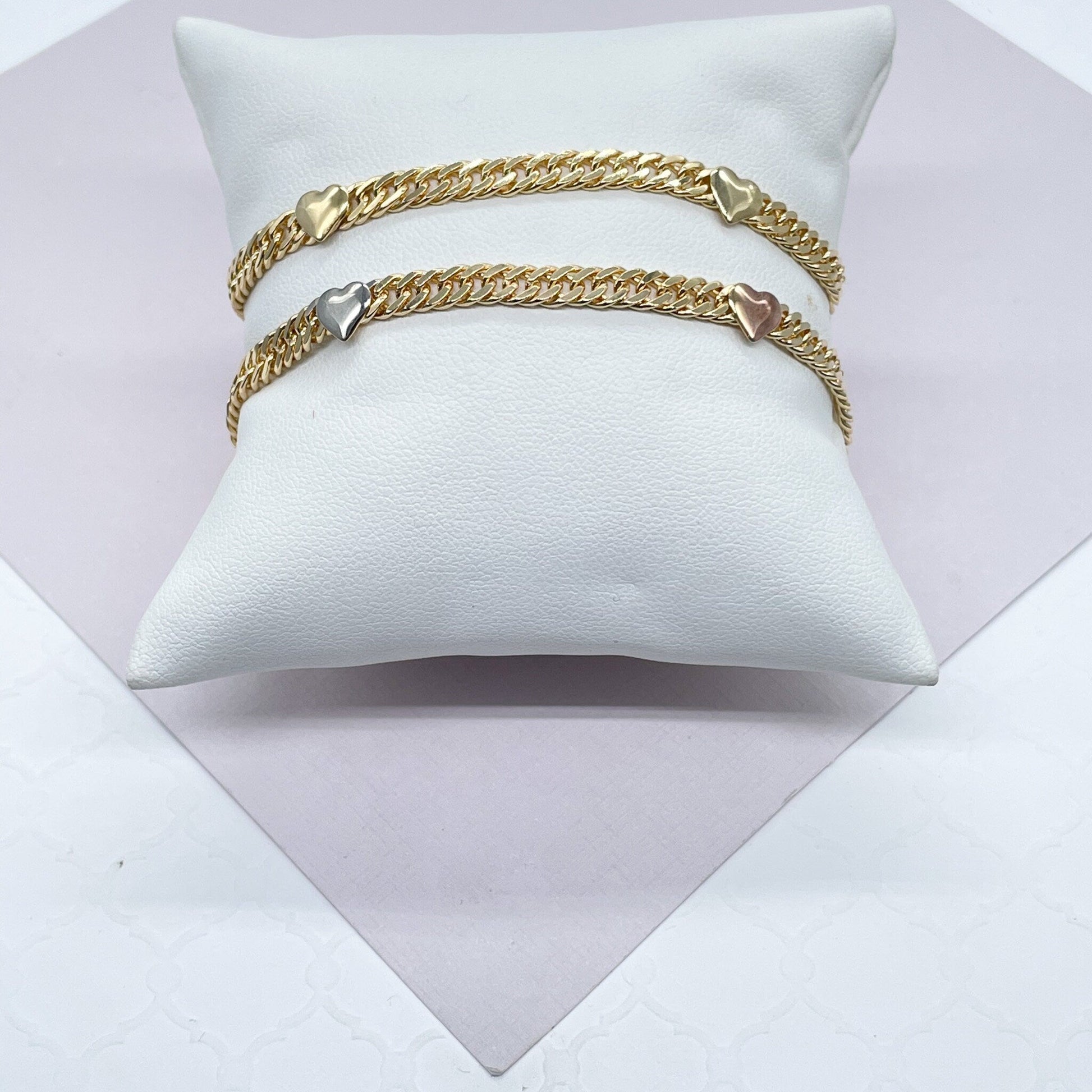 18k Gold Filled Cuban Chain Link Bracelets With Hearts Engraved To It