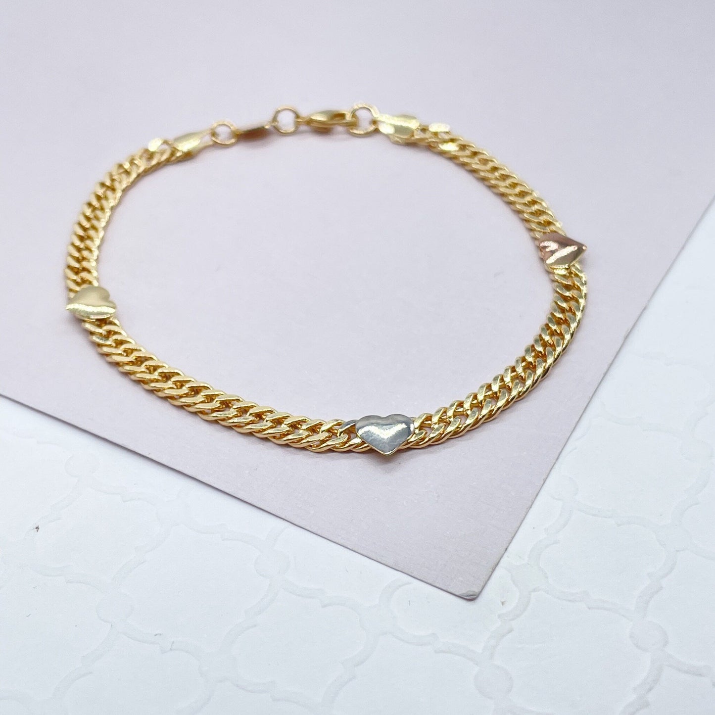 18k Gold Filled Cuban Chain Link Bracelets With Hearts Engraved To It