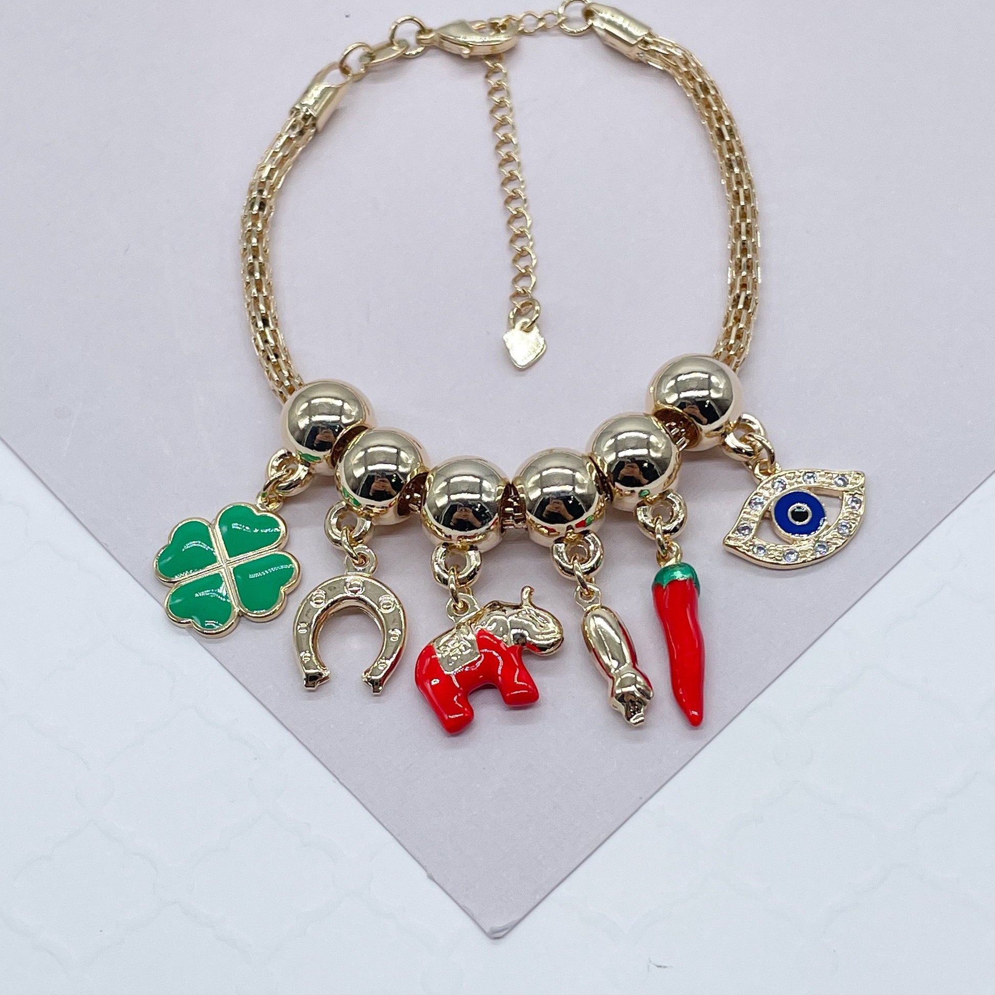 18k Gd Filled Charm Bracelet Featuring Red Elephant, Blue Evil Eye, & 4-Leaf CloverWholesale Jewelry Supplies