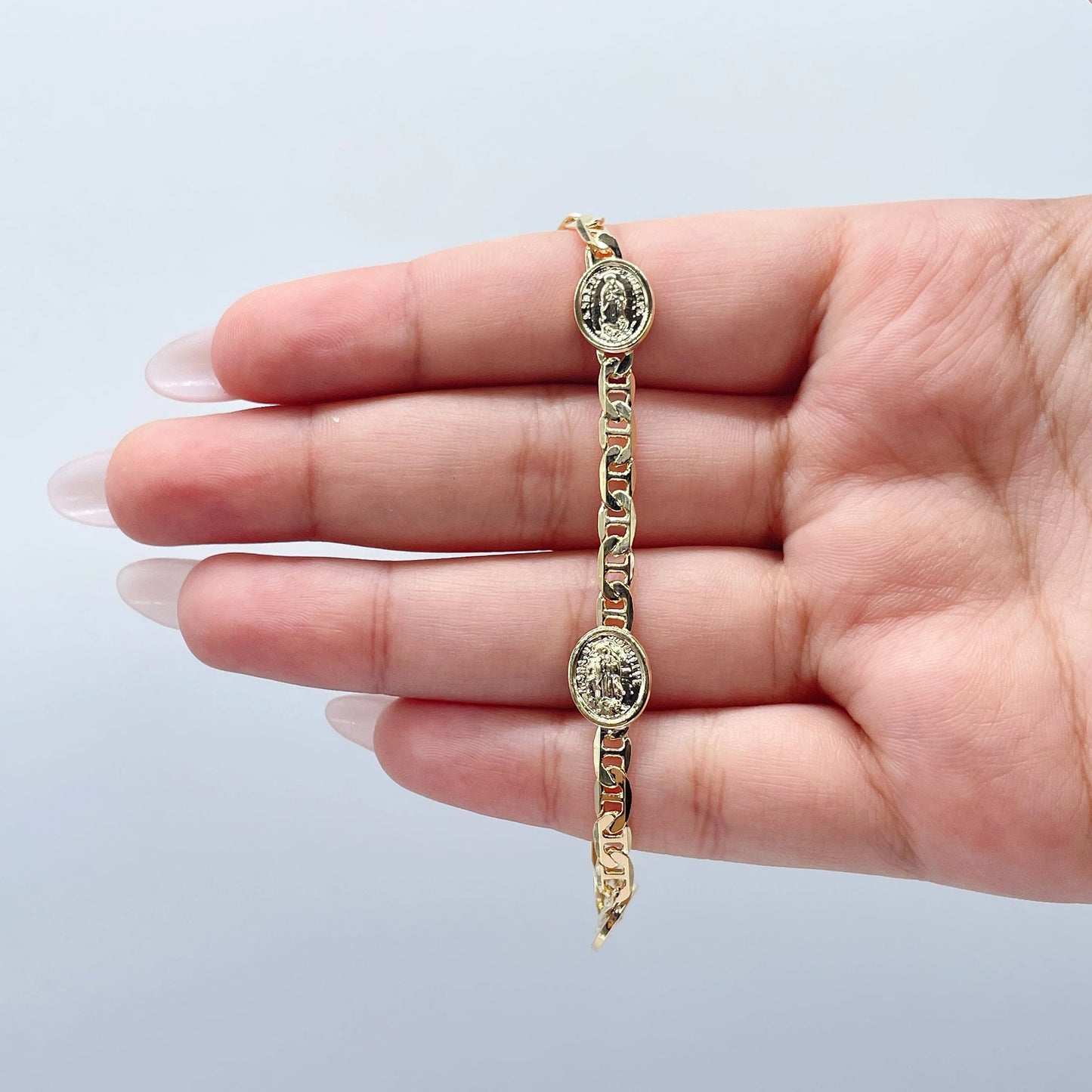 18k Gold Layered Mariner Link Bracelet With Guadalupe Charm Stamped To It Wholesale Jewelry Supplies