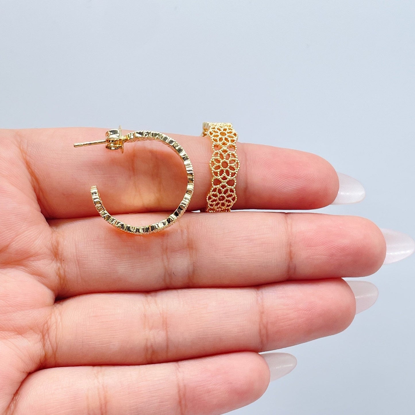 18k Gold Filled Dotted Flower Open Hoop Earrings Wholesale Jewelry Supplies