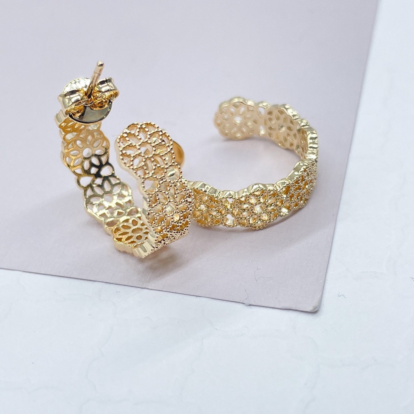 18k Gold Filled Dotted Flower Open Hoop Earrings Wholesale Jewelry Supplies