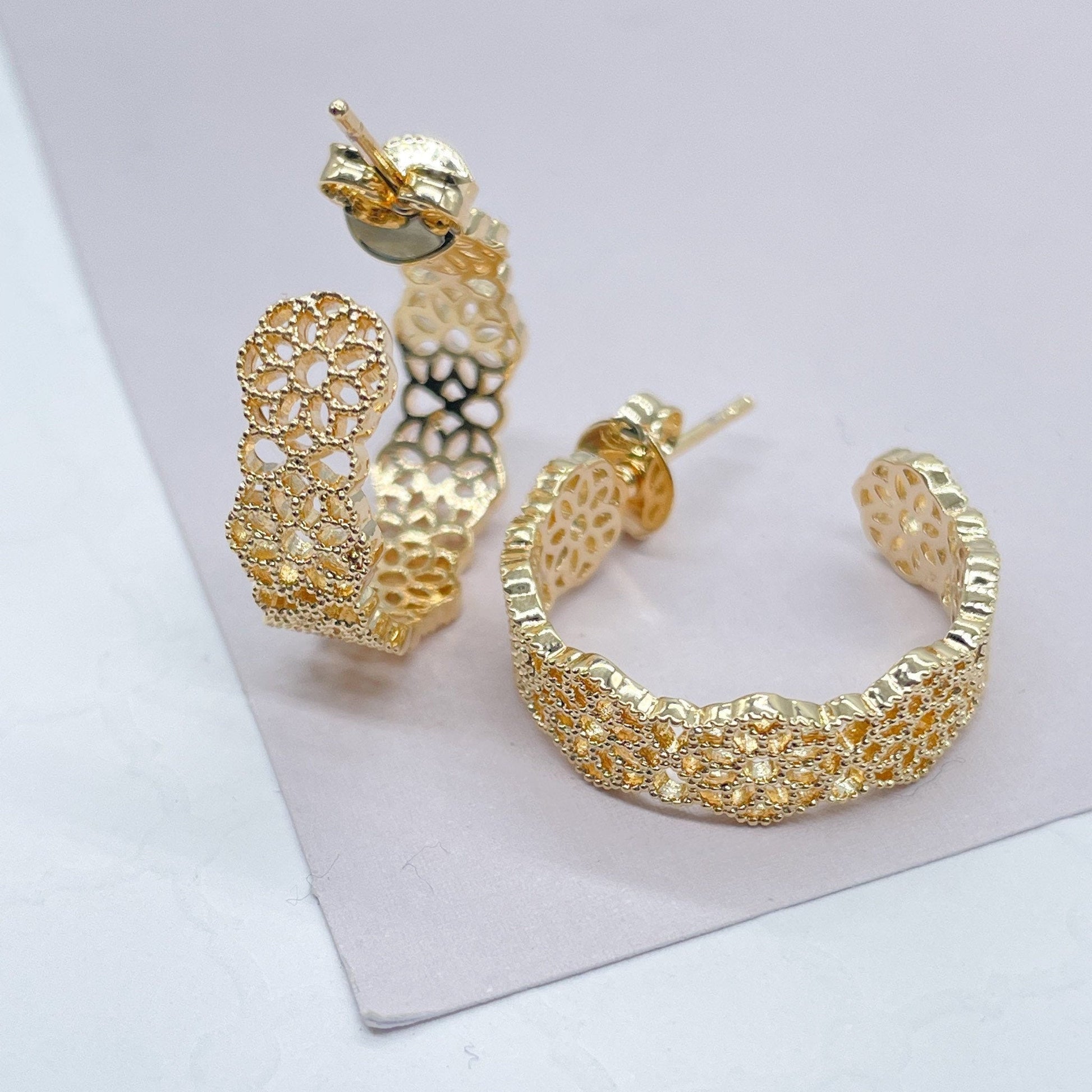 18k Gold Filled Dotted Flower Open Hoop Earrings Wholesale Jewelry Supplies